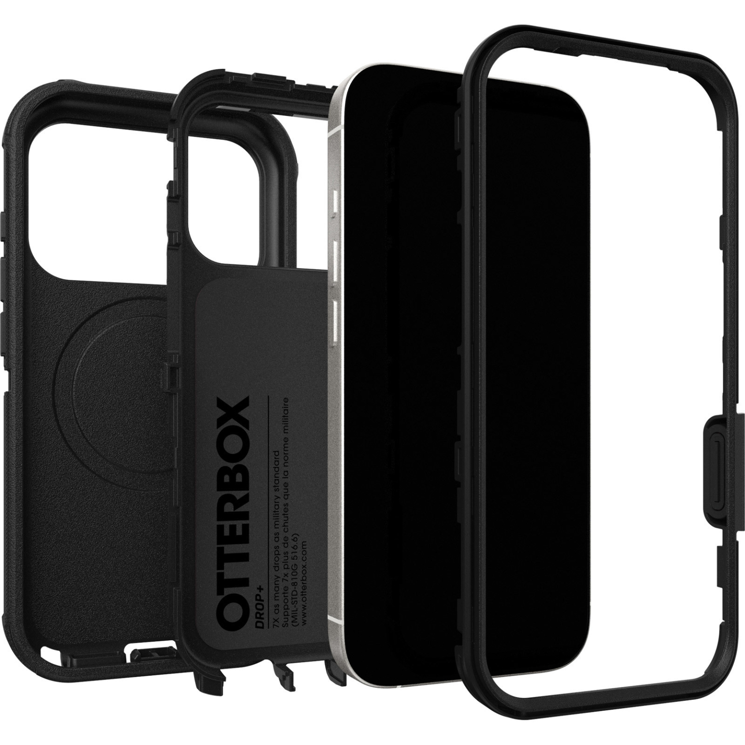 Vue éclatée d'un étui de téléphone Otterbox noir, montrant les différentes couches de protection du téléphone.