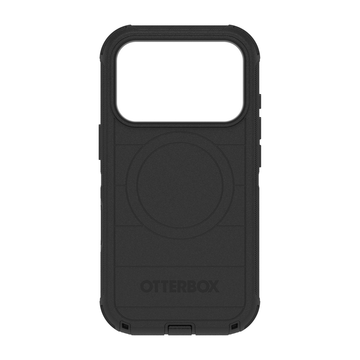 Coque de téléphone Otterbox noire. Elle a une ouverture rectangulaire pour l'appareil photo, un design circulaire au milieu et le logo Otterbox en bas.