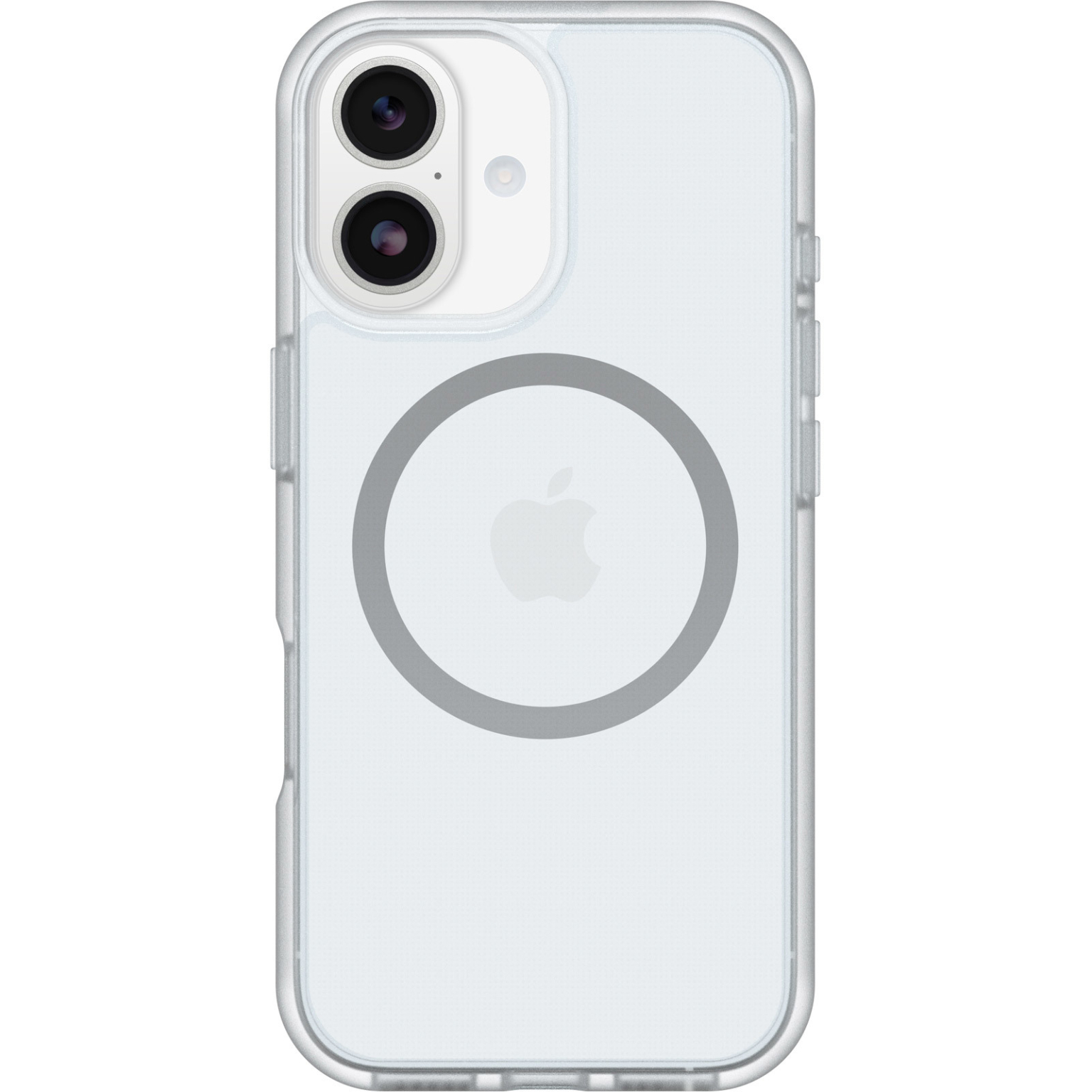 Una funda transparente para iPhone con un anillo gris. El teléfono tiene dos lentes de cámara y un flash. Logo Apple visible.