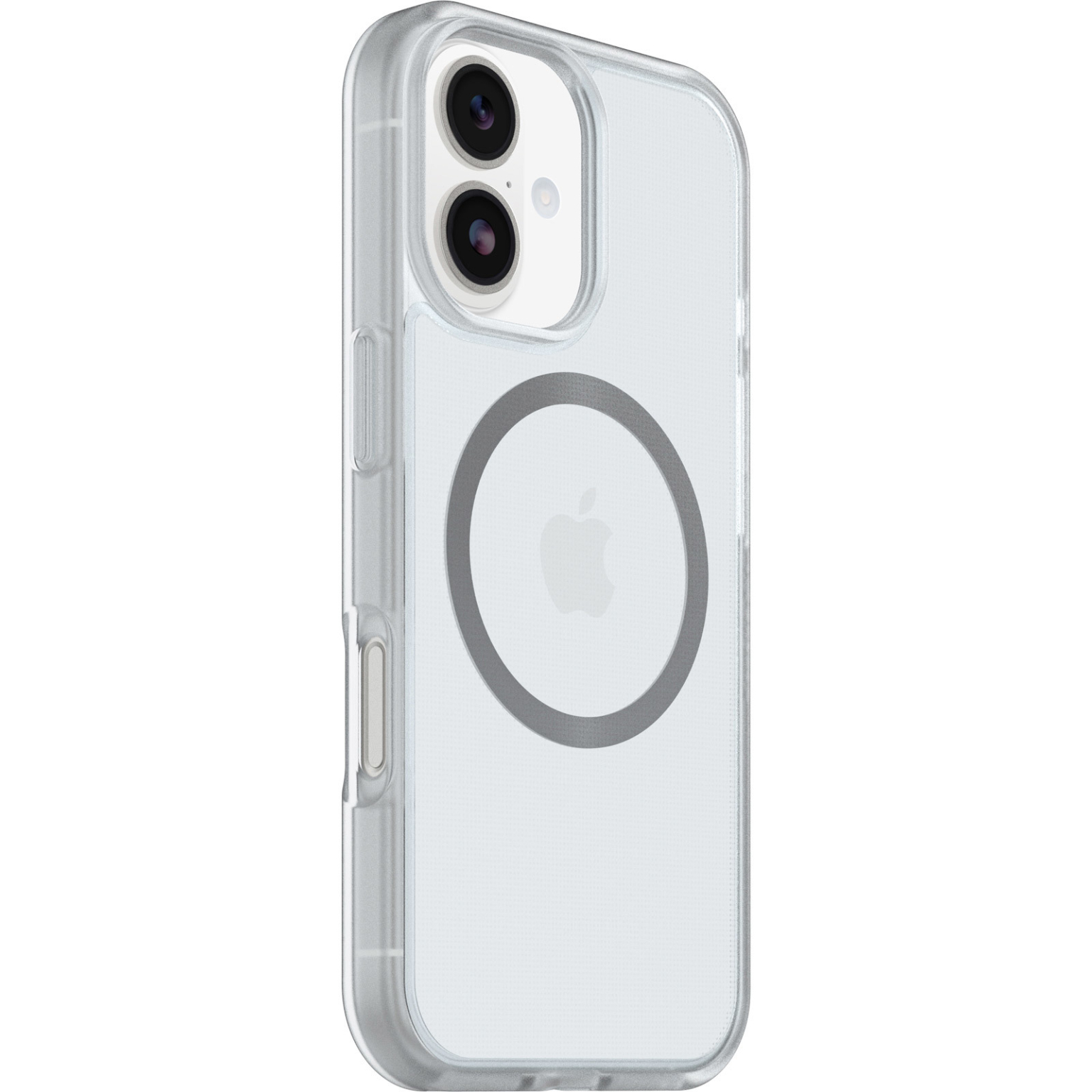Funda transparente con anillo magnético gris y logotipo de Apple. La funda tiene dos lentes de cámara.
