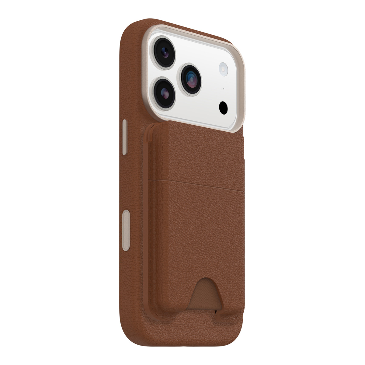 Eine braune Leder-Handyhülle mit Kartenhalter wird gezeigt. Der Hintergrund ist weiß. Das Telefon hat drei Kameras.