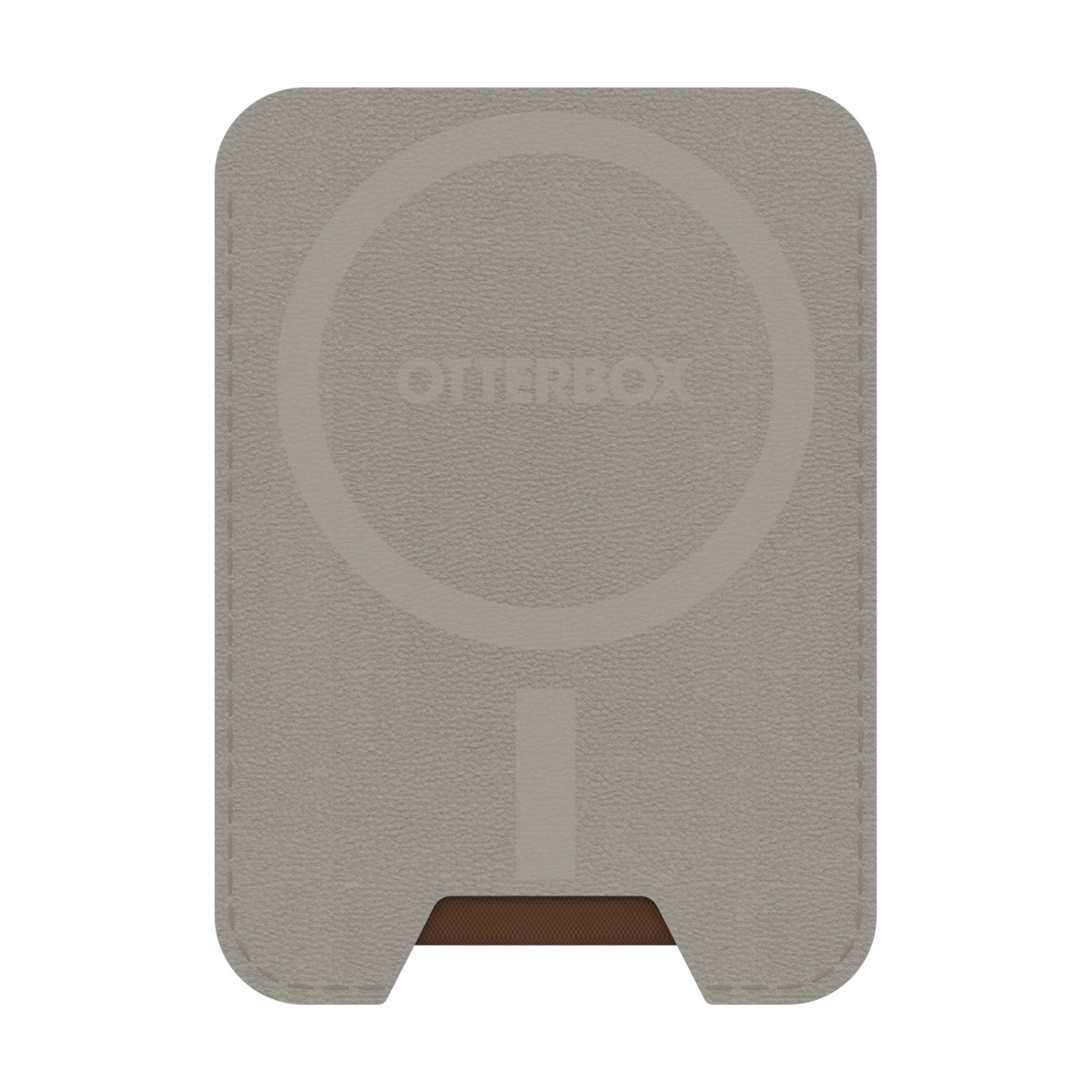 Eine hellgraue Otterbox-Geldbörse für Telefone. Sie hat eine kreisförmige Kontur und den Text 'OTTERBOX'. Der Boden hat einen braunen Abschnitt.