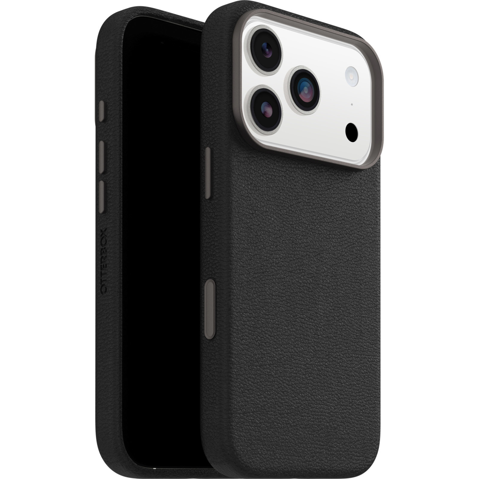 Er wordt een zwarte telefoonhoes met een getextureerde afwerking getoond. De cameralenzen van de telefoon zijn zichtbaar. Het Otterbox-logo is te zien.