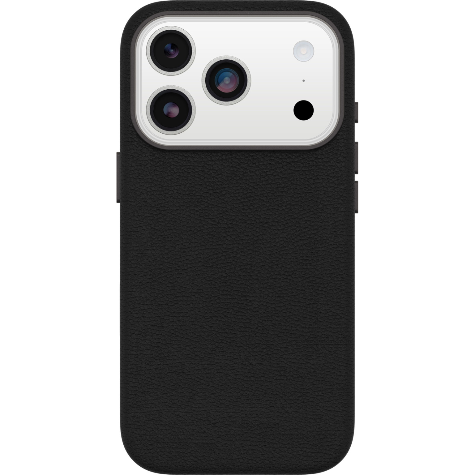 Close-up van een zwarte smartphonehoes met een cameramodule. De hoes heeft een textuur. De cameramodule heeft drie lenzen.