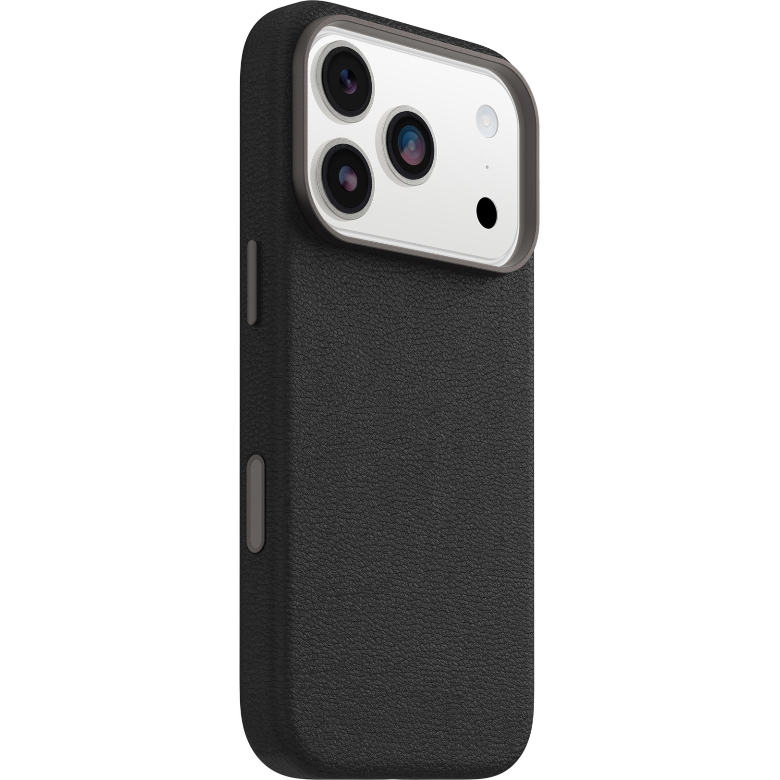Een zwarte telefoonhoes met cameralenzen. De hoes heeft een textuuroppervlak en bedekt de achterkant en zijkanten.