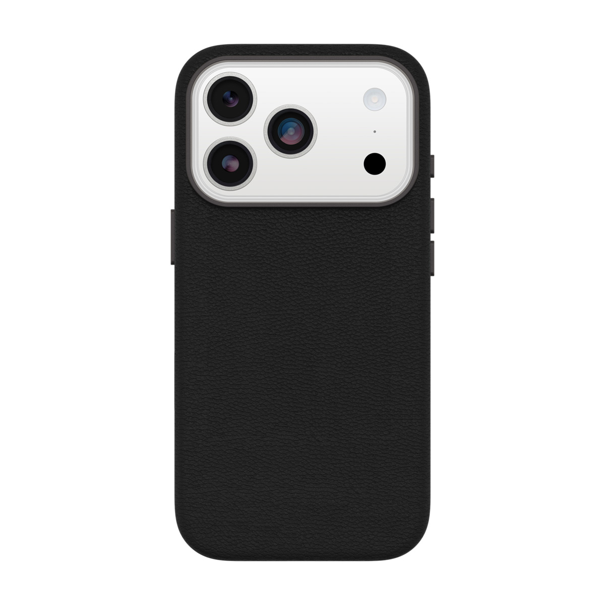 Zwarte telefoonhoes met drie cameralenzen en een flitser op een witte achtergrond.