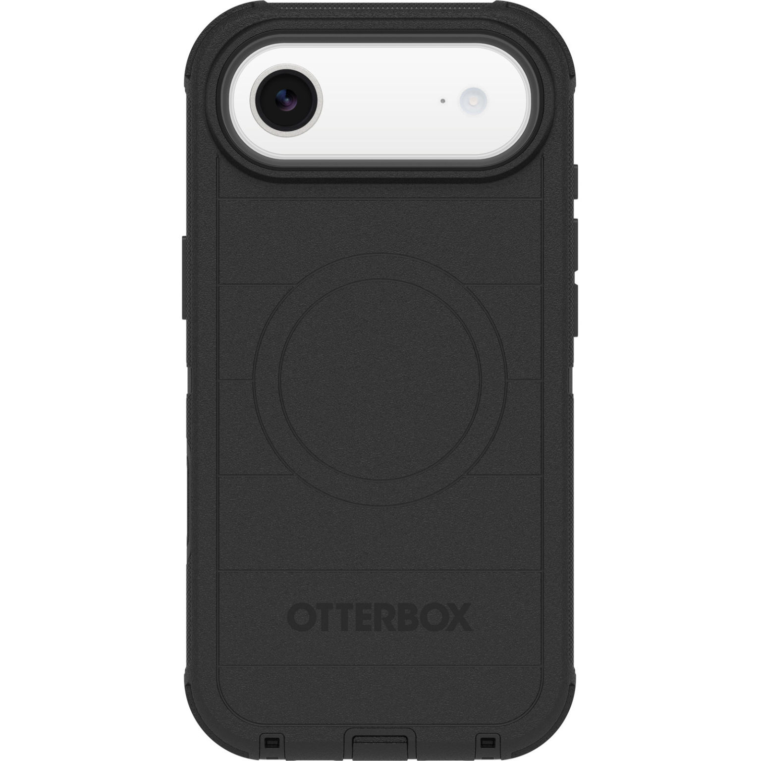 Zwarte telefoonhoes met Otterbox-logo. Bovenkant heeft camera en flitser. Circulair ontwerp in het midden. Getextureerd oppervlak.