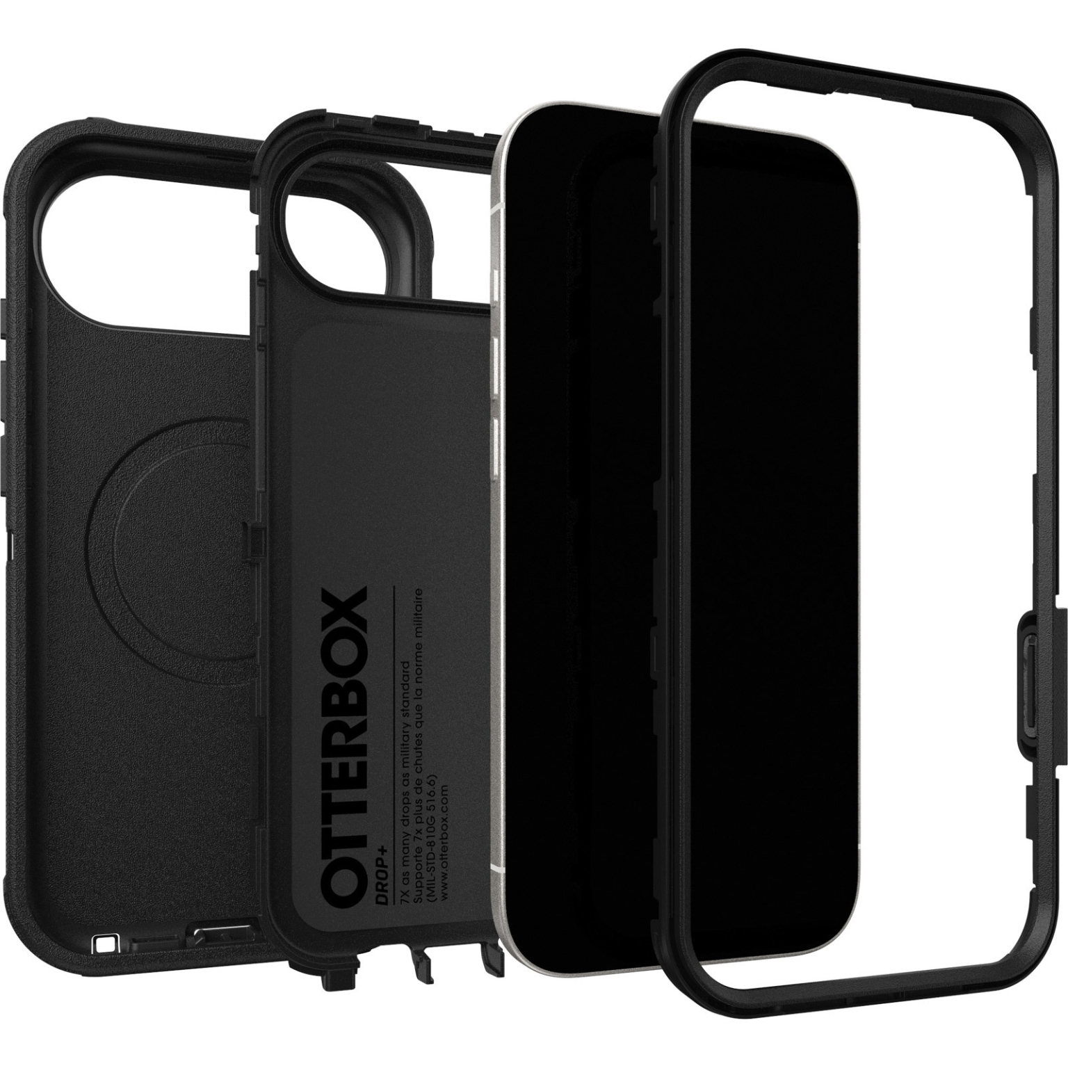 Zwarte Otterbox telefoonhoes componenten. De hoes is gedemonteerd afgebeeld, met lagen en een beschermend frame.