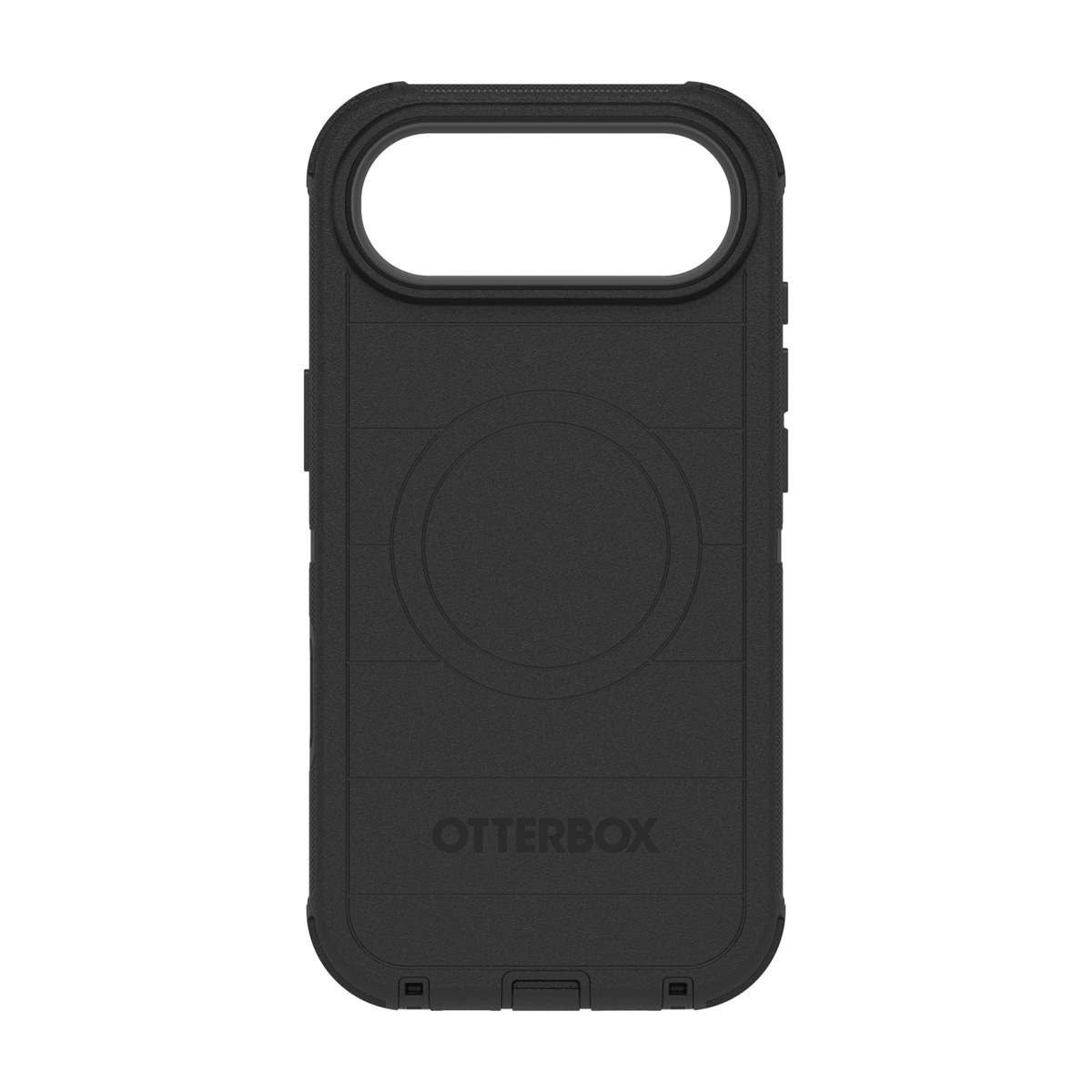 Zwarte Otterbox telefoonhoes. Het heeft een ovale uitsparing voor de camera, een getextureerd oppervlak en het Otterbox-logo.