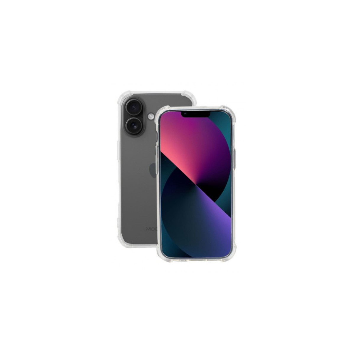 Due iPhone in custodie trasparenti. Uno mostra il retro con fotocamere, l'altro lo schermo con sfumatura viola e rosa.