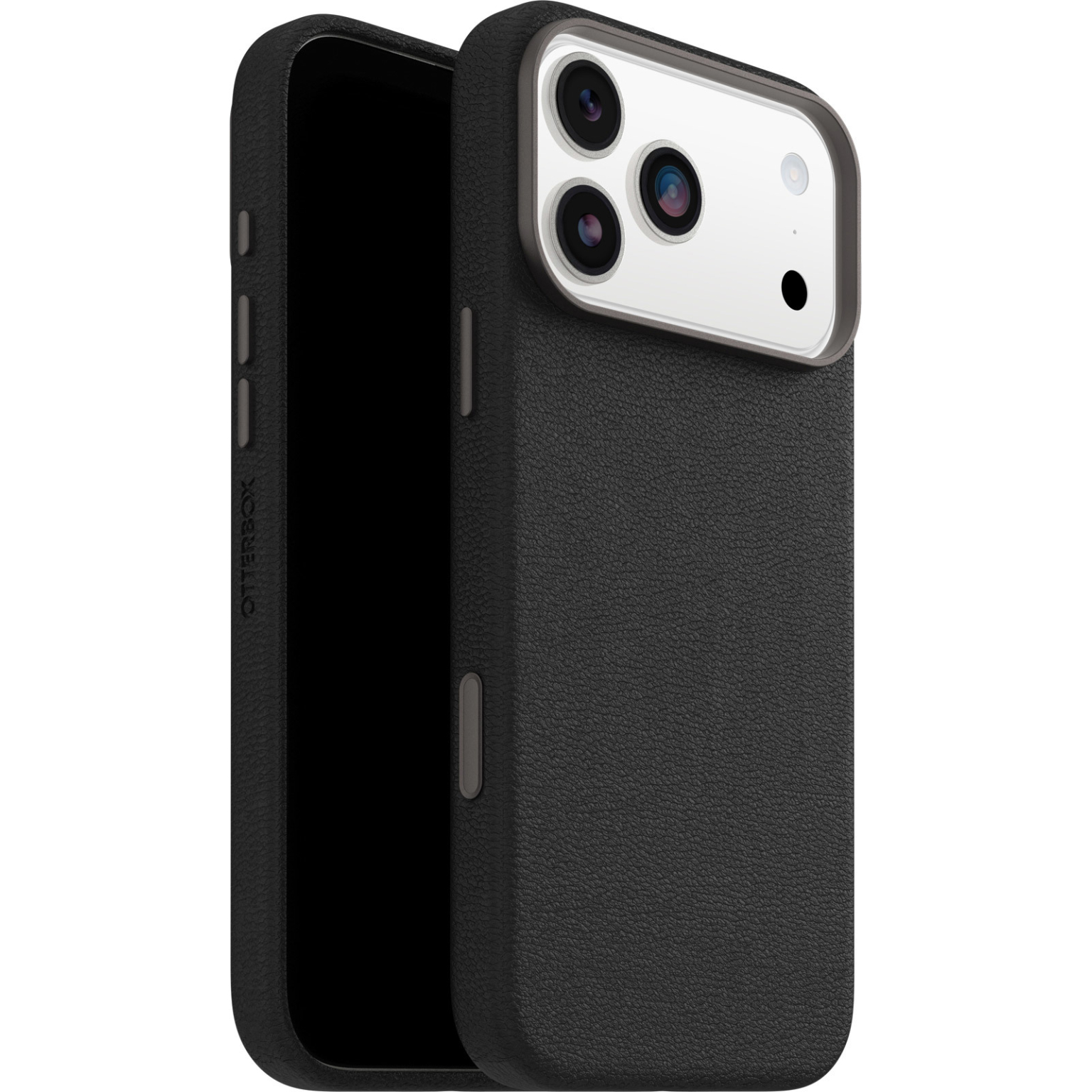 Zwarte telefoonhoes met een getextureerd oppervlak, die gedeeltelijk een zwarte telefoon bedekt. De hoes heeft uitsparingen voor de camera en OtterBox-branding.
