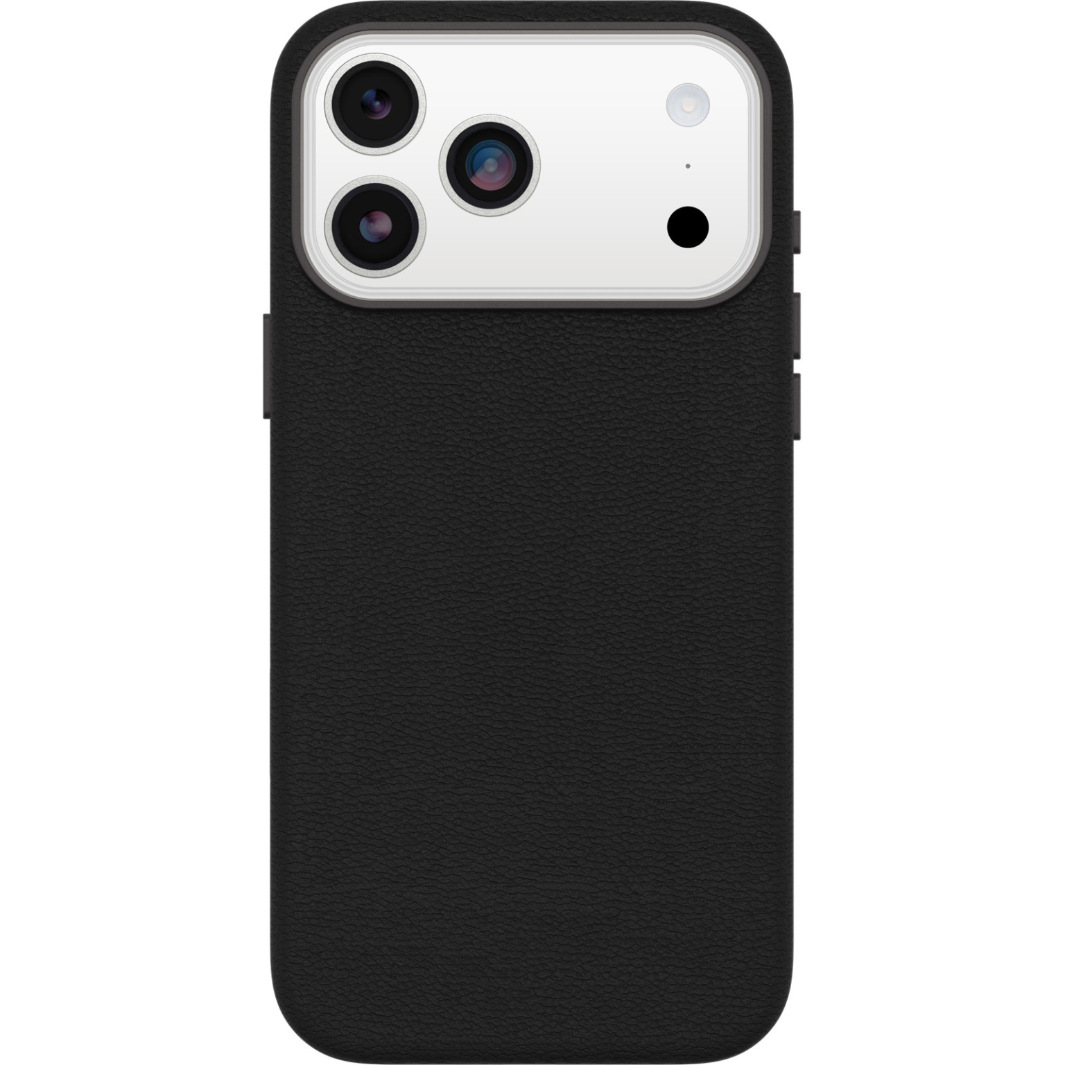 Een zwarte telefoonhoes met drie cameralenzen en een flitser. De hoes heeft een getextureerd oppervlak.