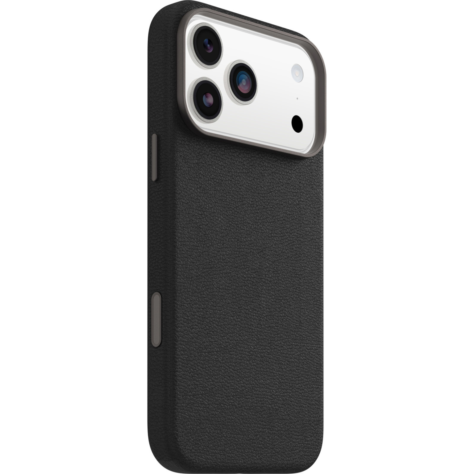 Een zwarte iPhone-hoes met een camerabult. Drie lenzen en een flitser zijn zichtbaar. De hoes heeft een getextureerd oppervlak.