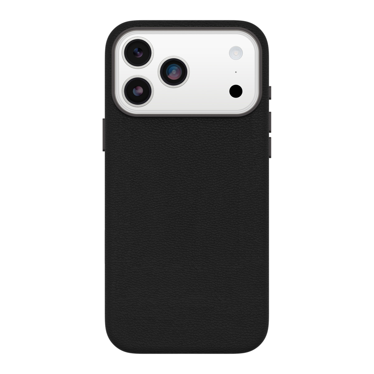 Een zwarte telefoonhoes met een textuur. Het heeft een witte camerasectie met drie lenzen en een flitser. Geïsoleerd op wit.