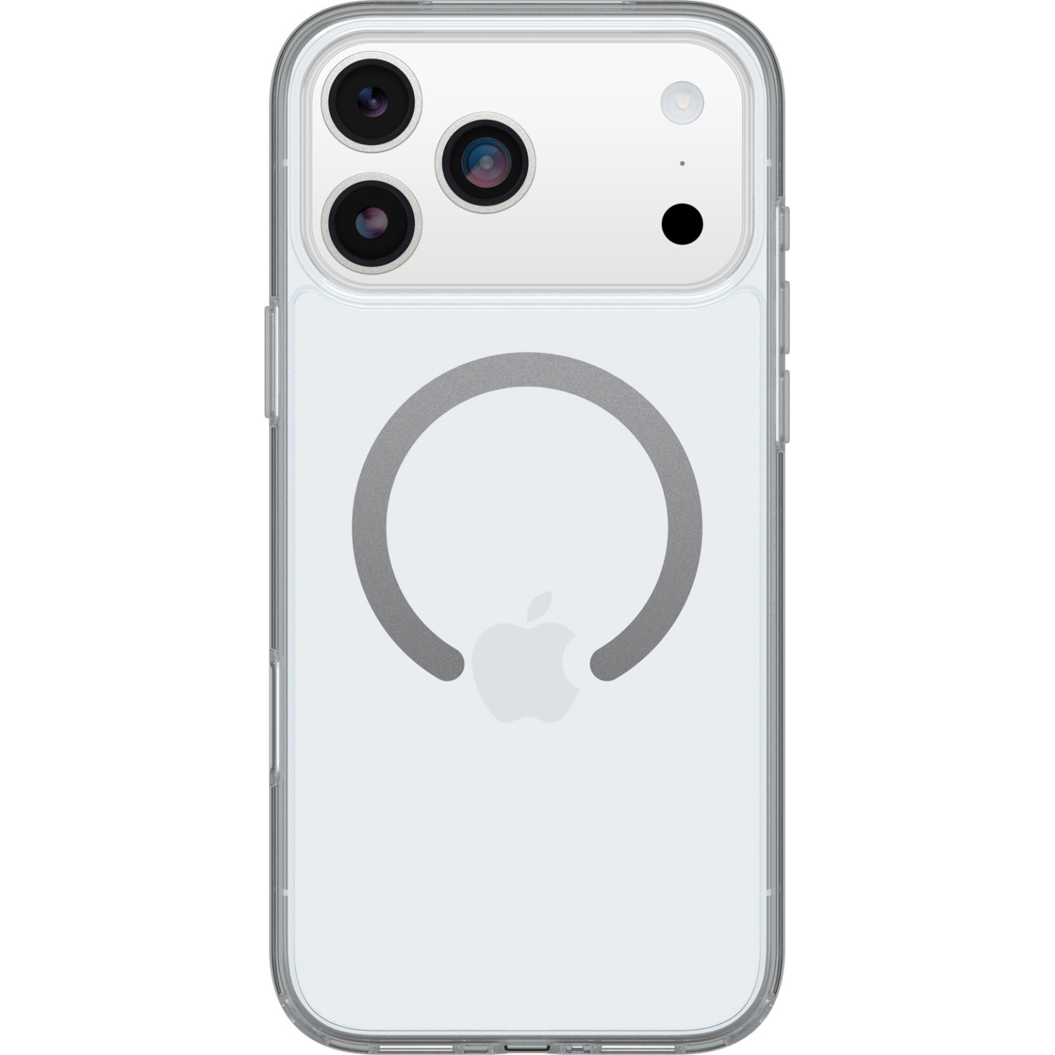 Une coque transparente pour iPhone avec un anneau magnétique gris et le logo Apple. La coque a une découpe pour l'appareil photo avec plusieurs objectifs. Le fond est blanc.