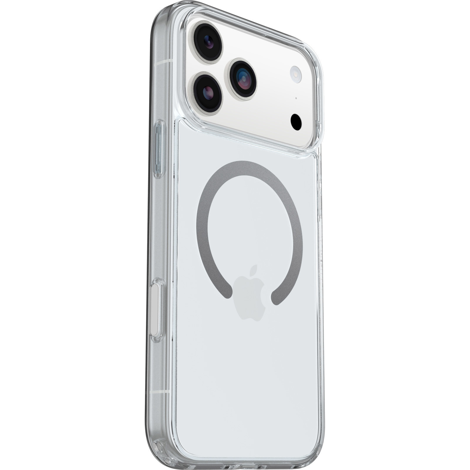 Coque de téléphone transparente avec trois objectifs et un logo Apple. Une forme de cercle grise est au dos de la coque.