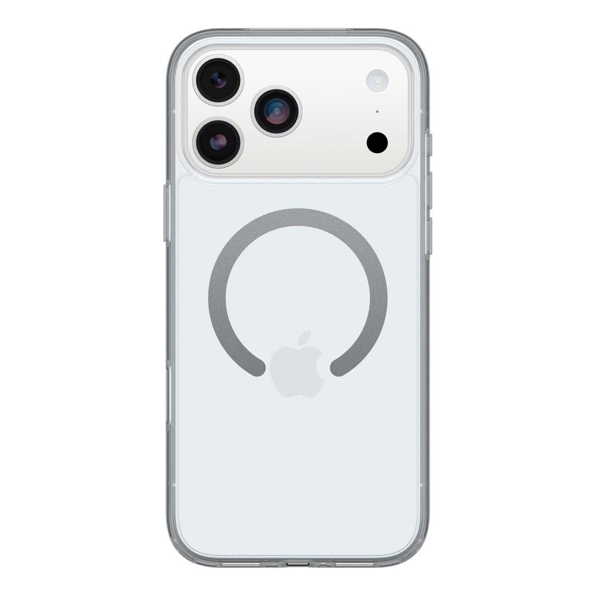 Coque de téléphone transparente avec un iPhone à l'intérieur, réseau de caméras visible et anneau magnétique au dos. Logo Apple visible.