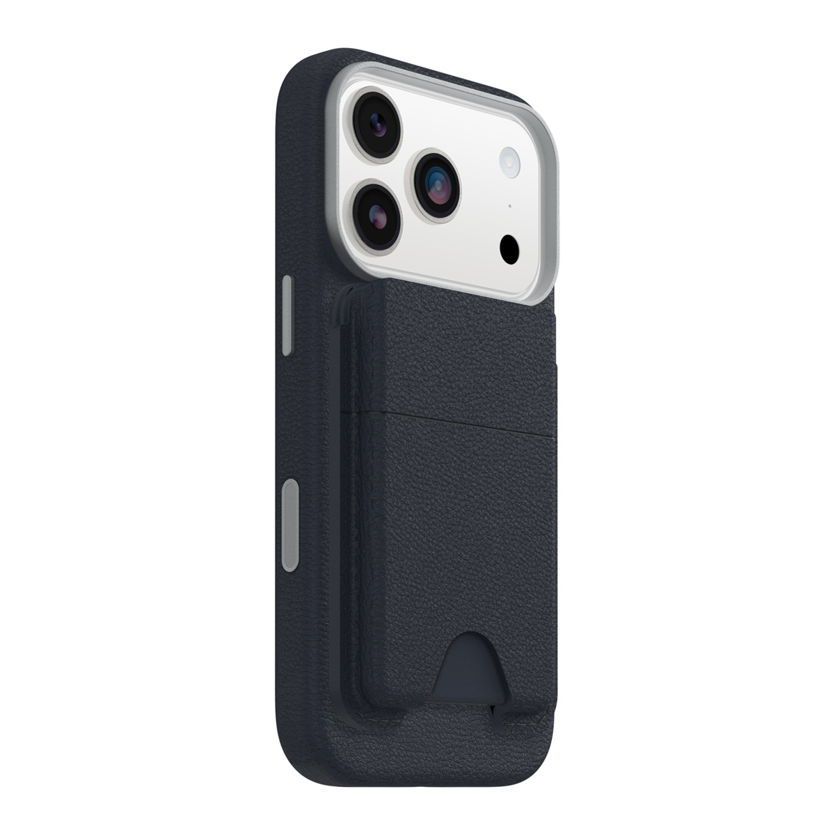 Una custodia per telefono blu scuro con un porta carte attaccato sul retro. La custodia ha un modulo fotocamera con tre lenti.