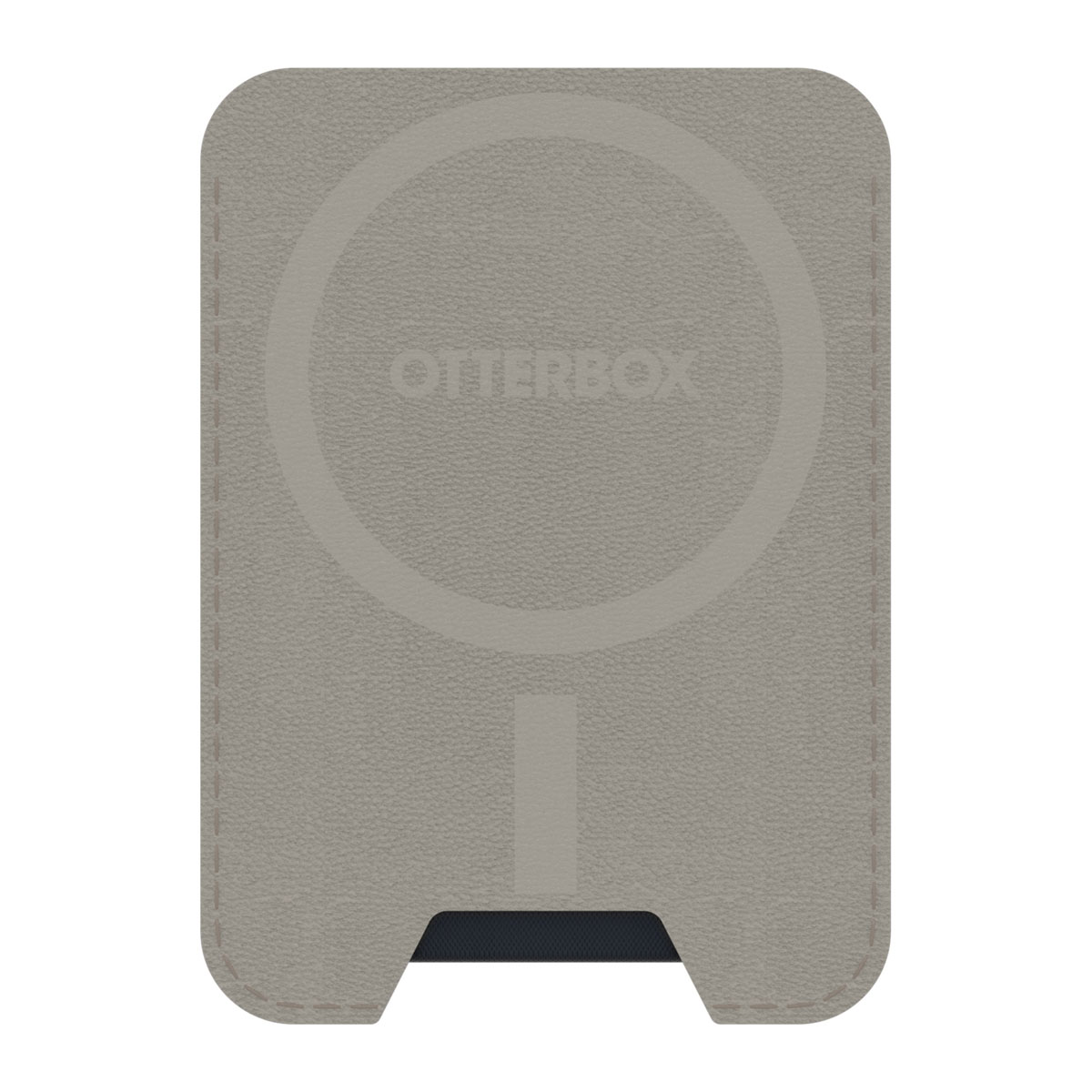 Un portafoglio grigio Otterbox MagSafe con un design circolare e il marchio Otterbox. Ha una base blu scuro e un bordo cucito.