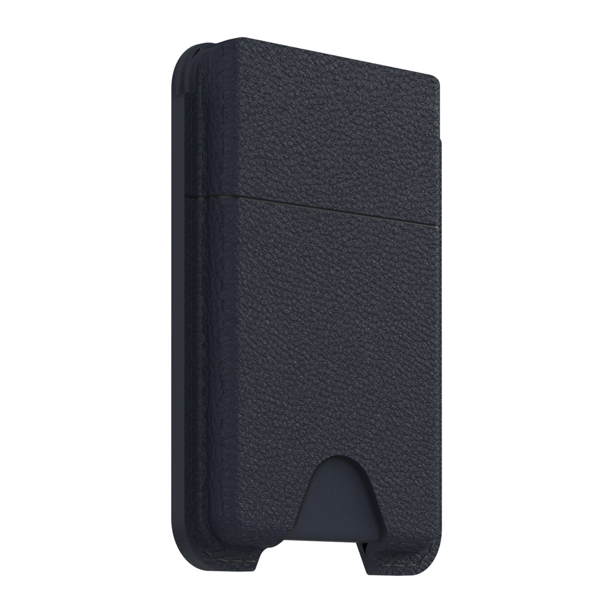 Un porta carte blu scuro e strutturato. Ha una tasca in basso e una fessura al centro. Lo sfondo è bianco.