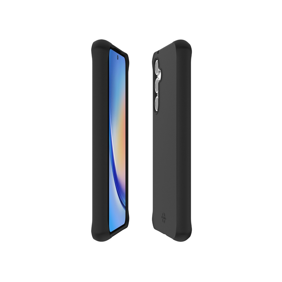 Due custodie nere per telefoni, una mostra uno schermo con un'immagine blu e gialla. Sfondo bianco.