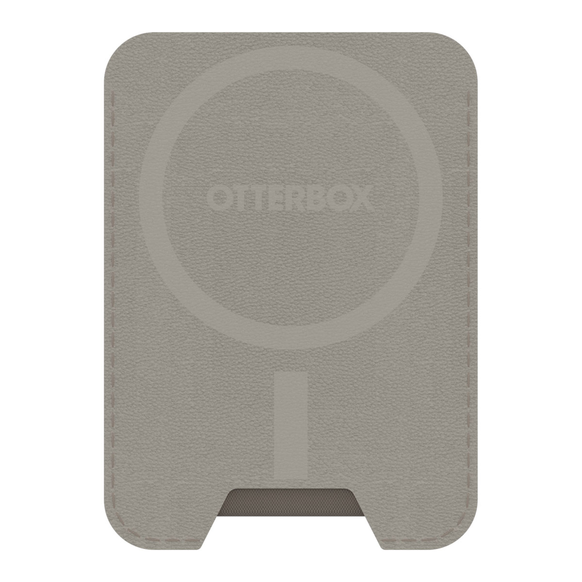 Ein hellgraues Otterbox-Telefonzubehör mit kreisförmigem Design und rechteckiger Basis. Der Hintergrund ist weiß.