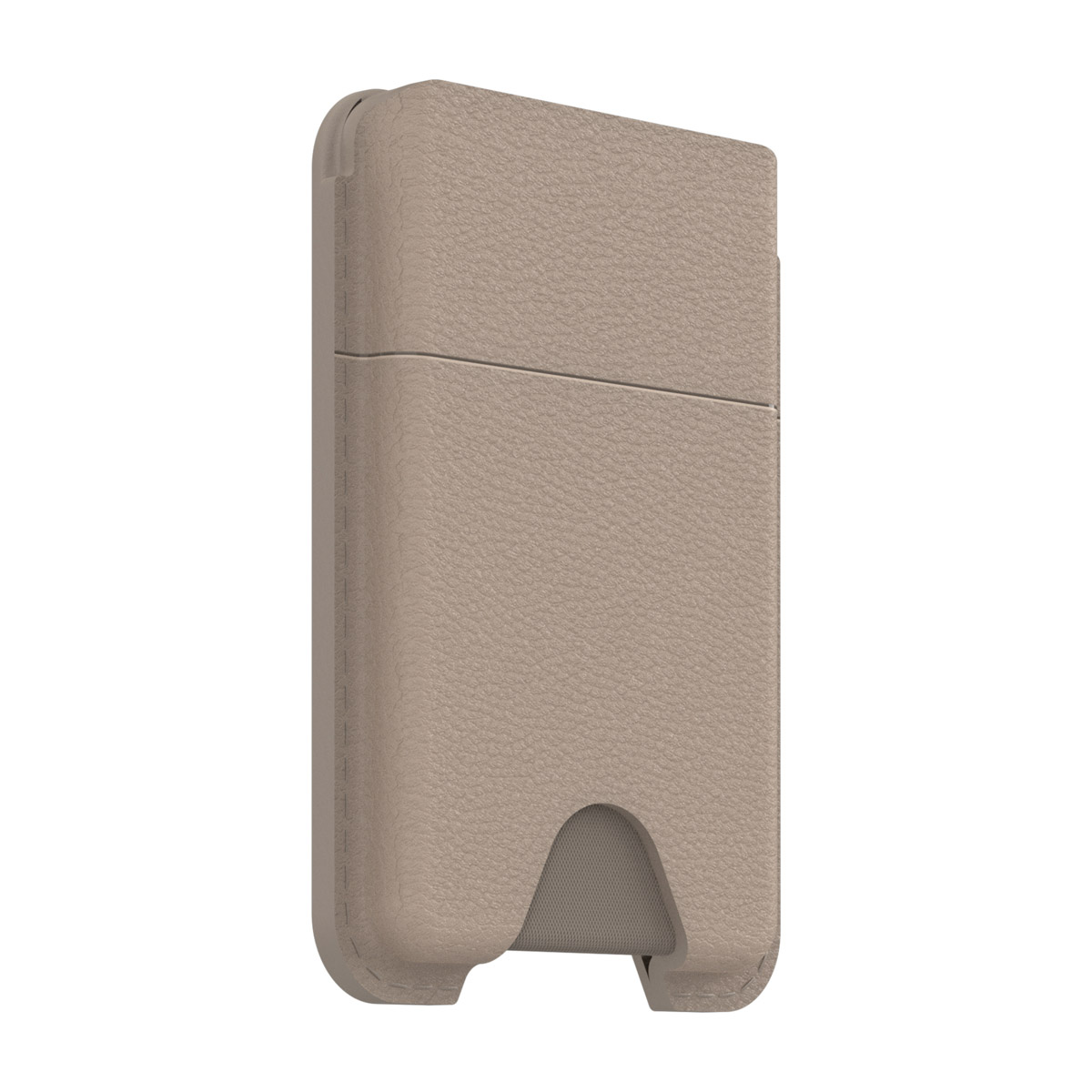 Eine beige Leder-Handyhülle. Sie hat unten einen Kartensteckplatz und eine Naht in der Mitte. Der Hintergrund ist weiß.