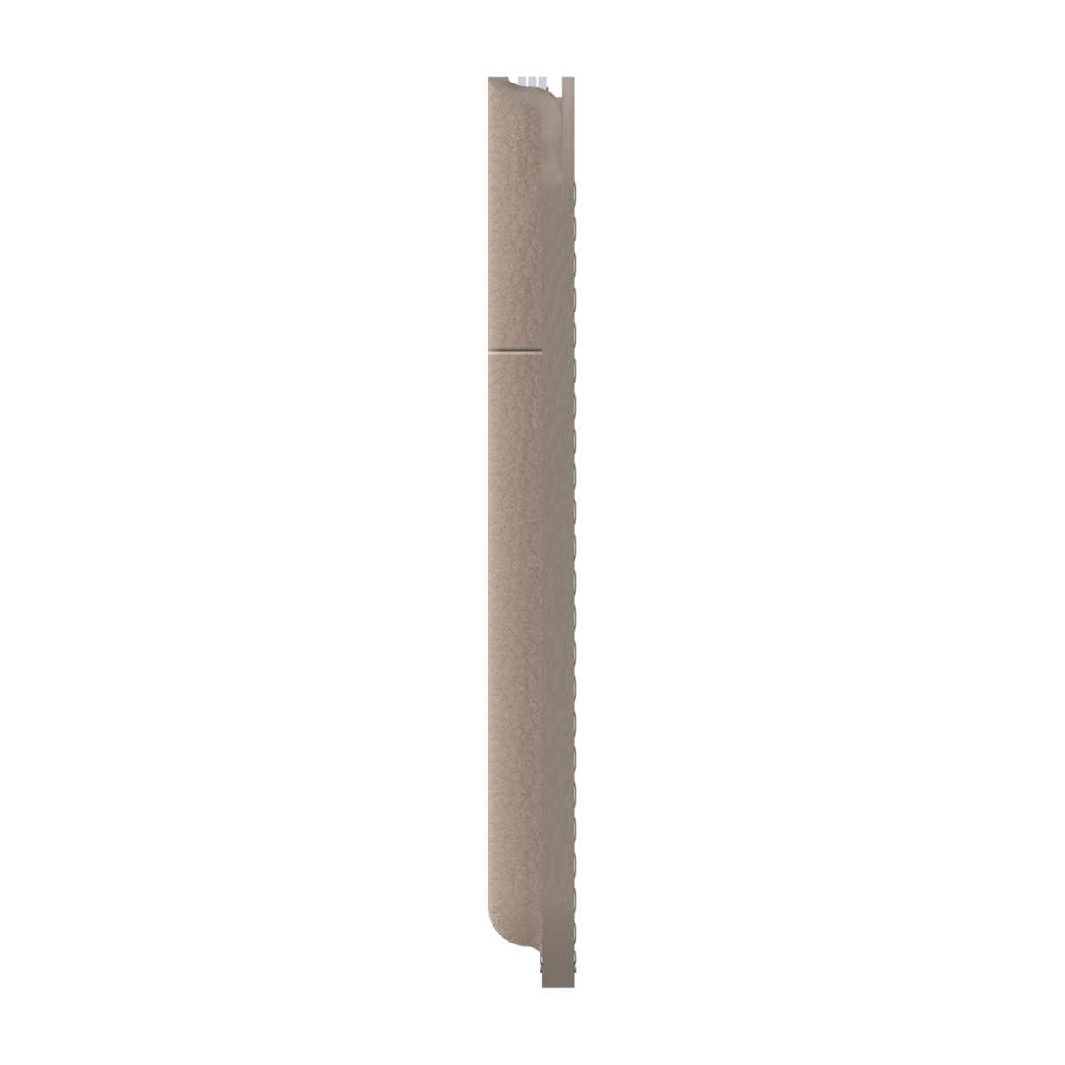 Ein vertikales, beige gefärbtes, strukturiertes Objekt vor einem weißen Hintergrund. Es hat eine abgerundete Basis und eine horizontale Linie.