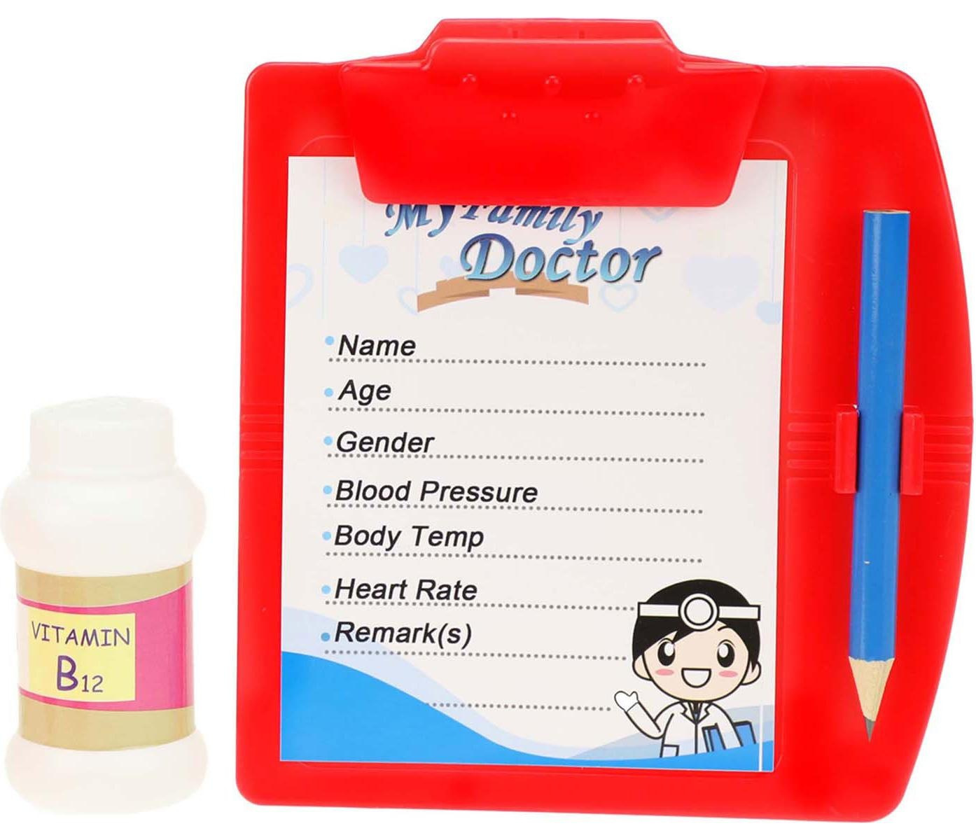 Ein rotes Klemmbrett mit einer Arztkarte, einem Bleistift und einer Vitamin-B12-Flasche. Die Karte enthält Patienteninformationen und eine Arztillustration.