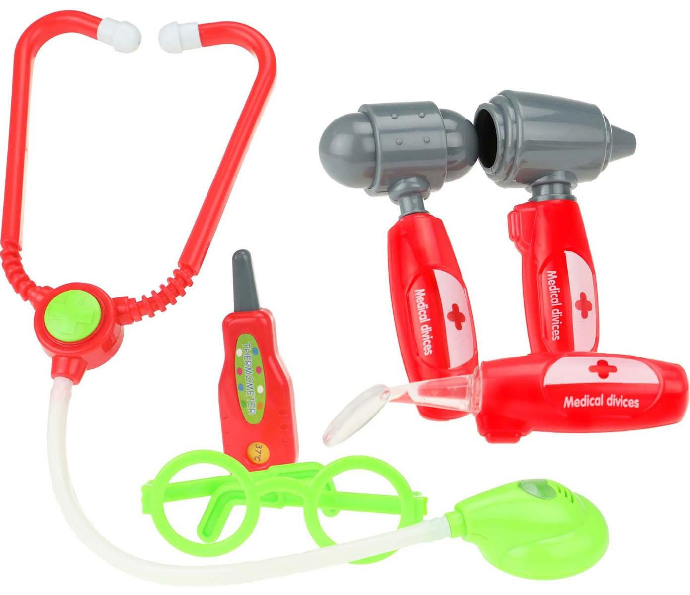 Eine Sammlung von Spielzeug-Medizinprodukten, darunter ein Stethoskop, Otoskope, Thermometer, Brille und Spritze, alles in leuchtenden Farben.