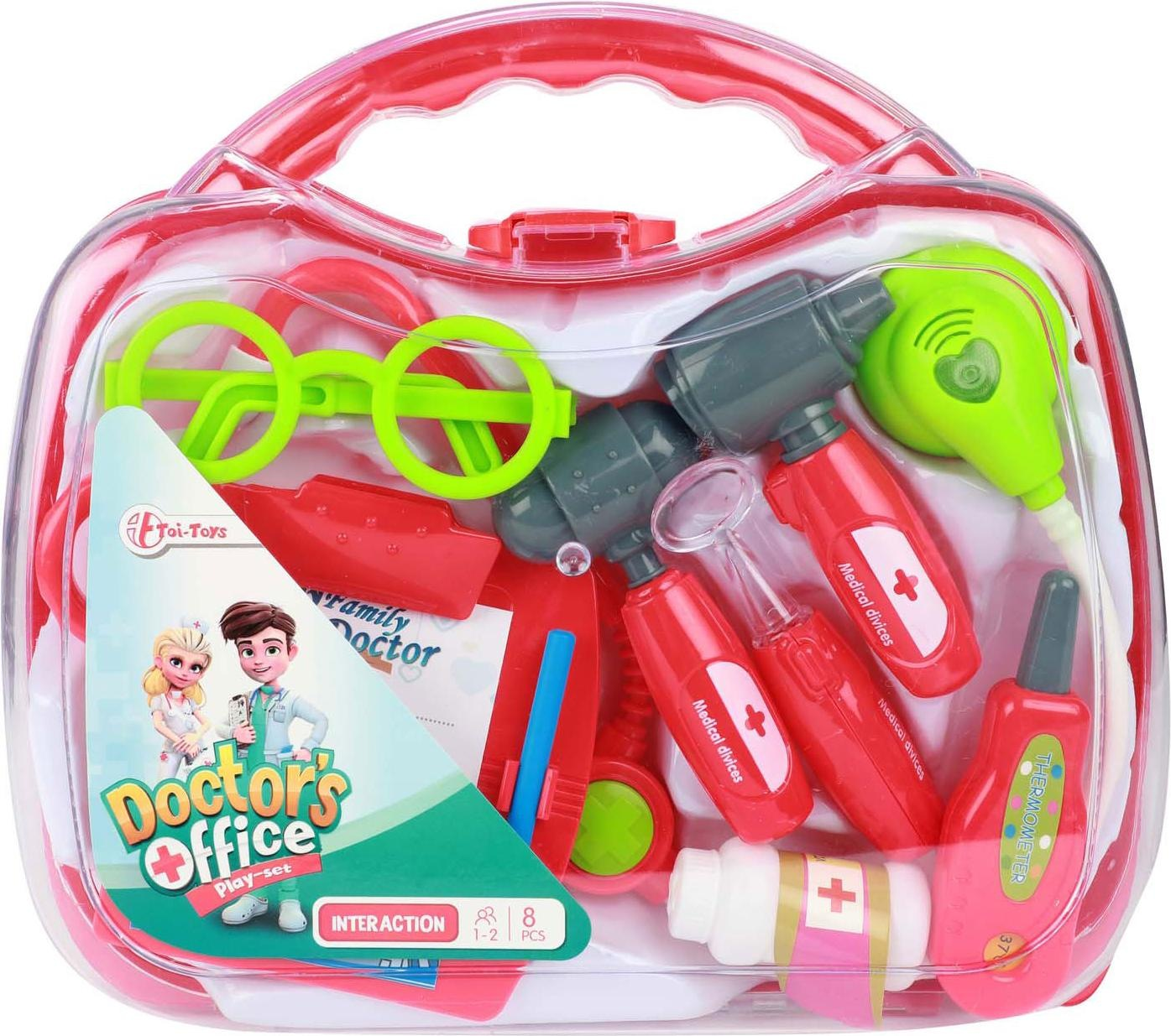 Ein Spielzeug-Arztkoffer mit verschiedenen medizinischen Werkzeugen und einem Koffer. Enthält ein Stethoskop, Thermometer, Medikamentenflaschen und Spielbrillen.