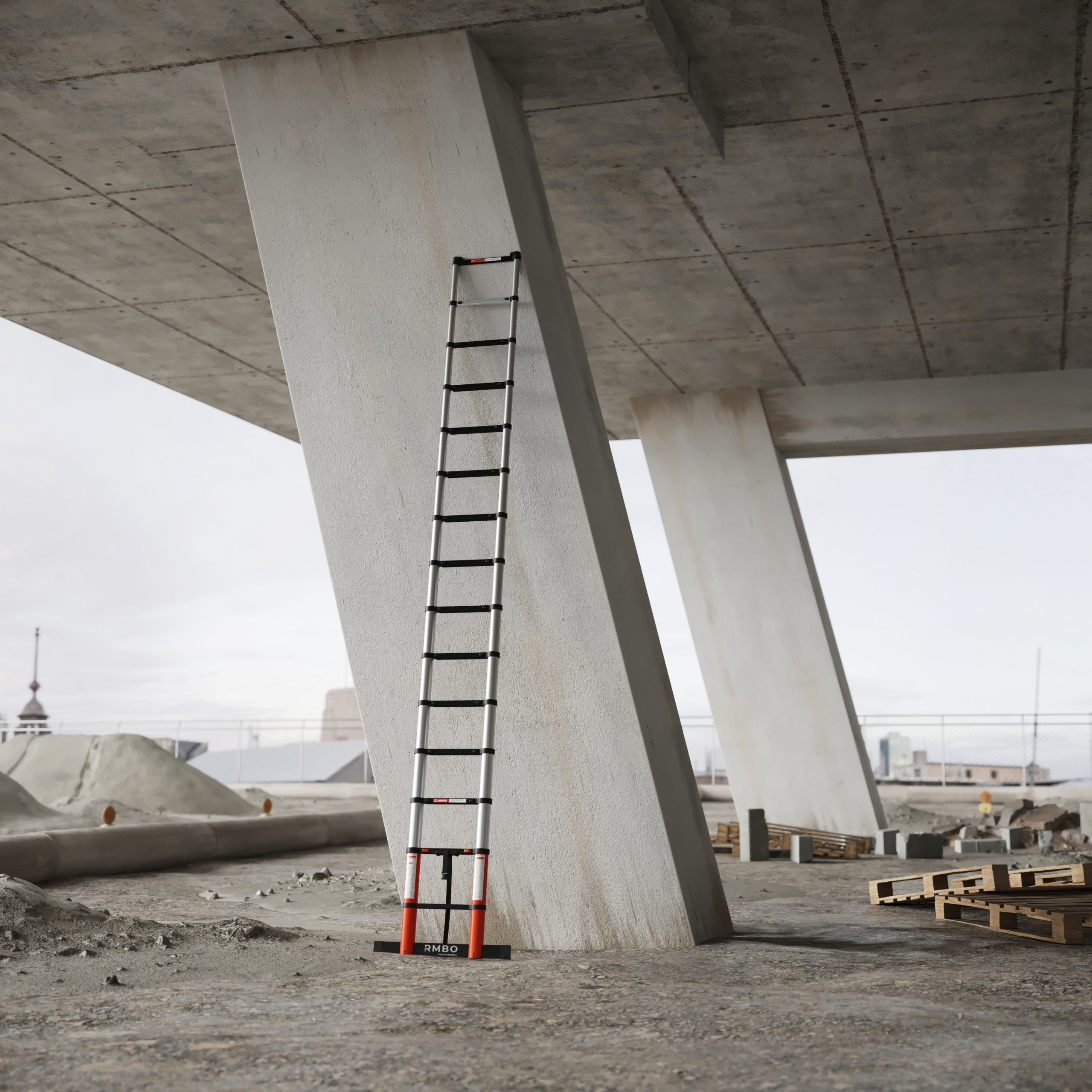A silver ladder leans against a concrete pillar. The scene is a construction site. Other pillars and debris are visible.