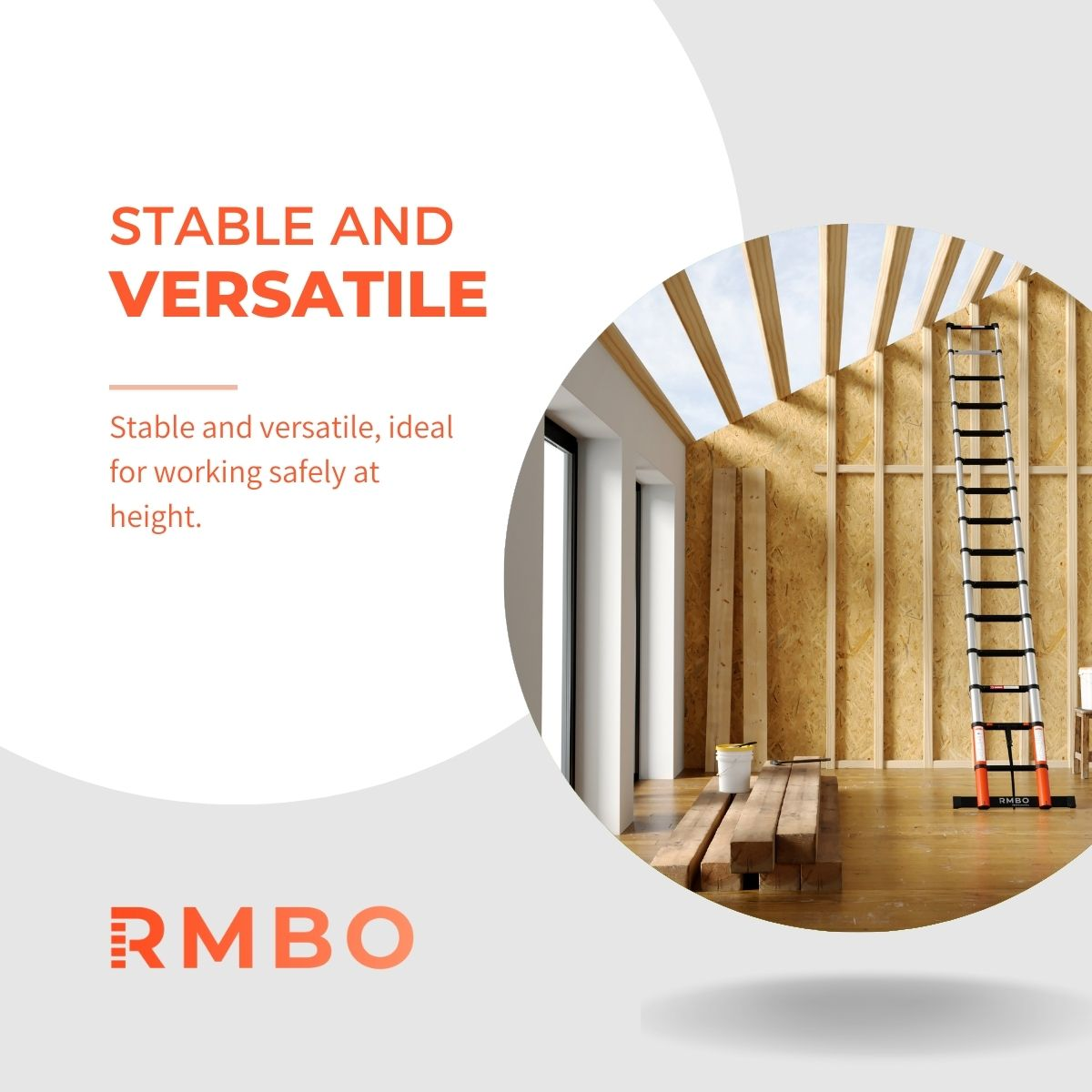 A ladder stands in a wooden room. The text says 'Stable and versatile'. A logo 'RMBO' is at the bottom.