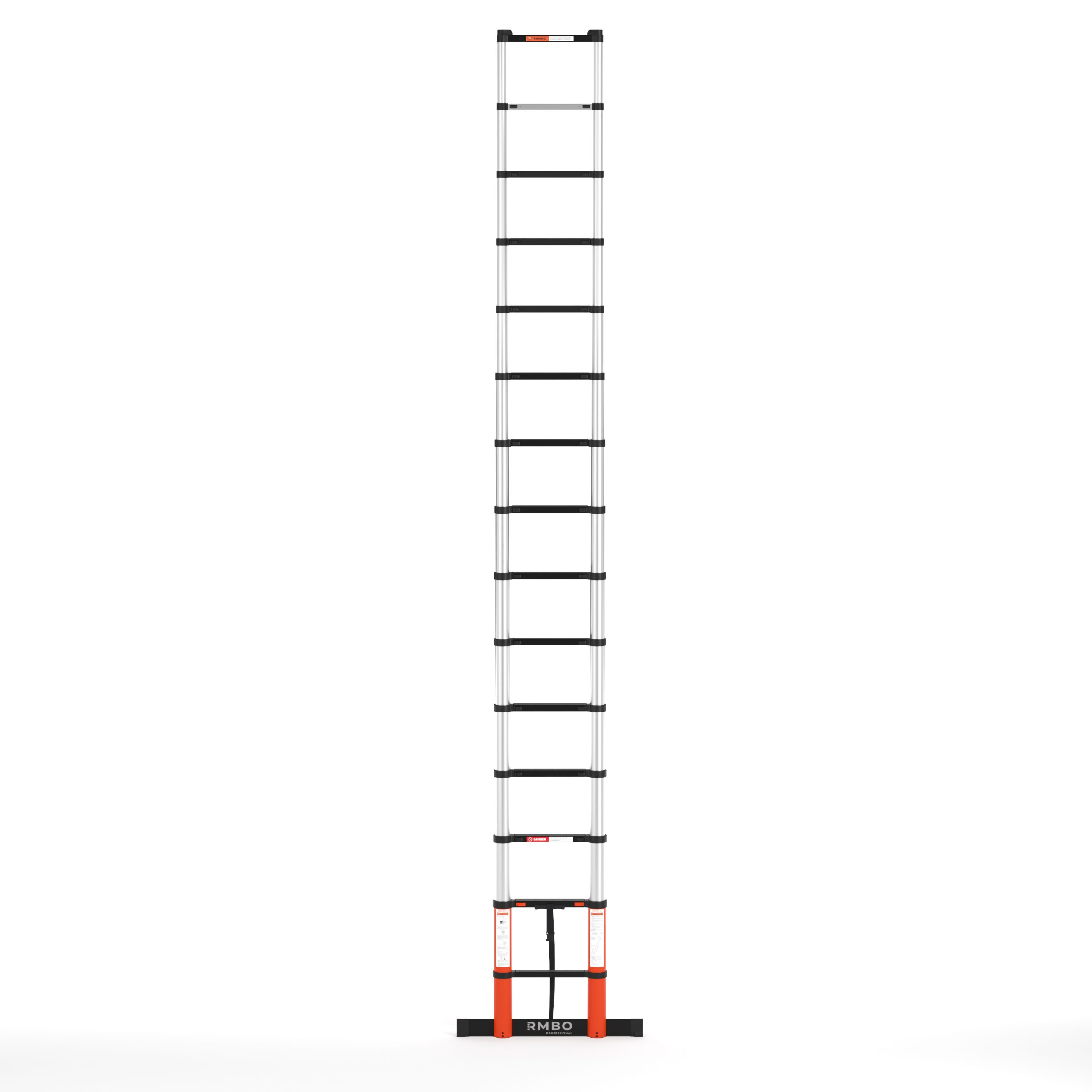 A tall, silver telescopic ladder stands against a white backdrop. It has black rungs and orange base supports. The brand is RMBO.