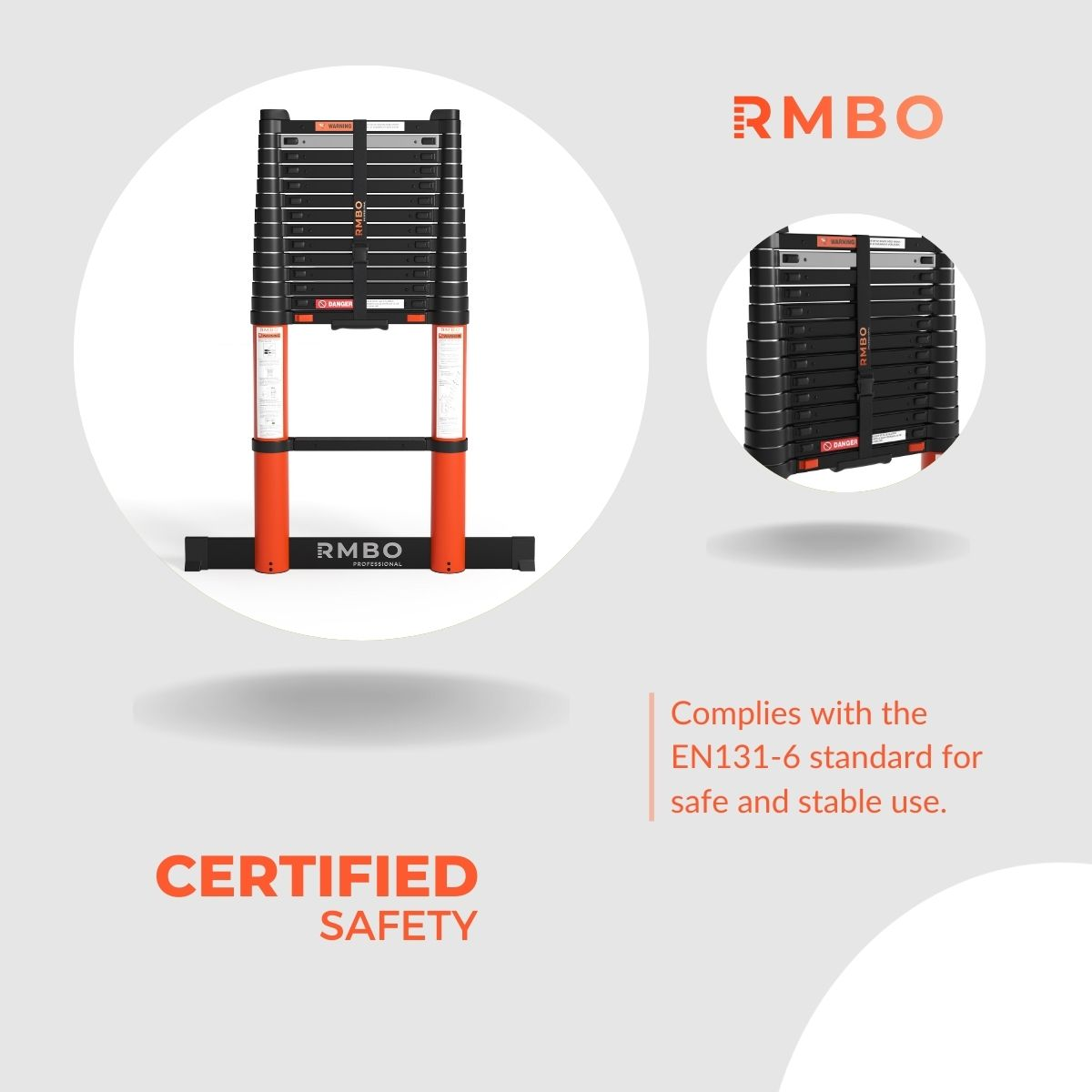A black and orange RMBO telescopic ladder is displayed. It is certified for safety. Text says it complies with EN131-6 standard.