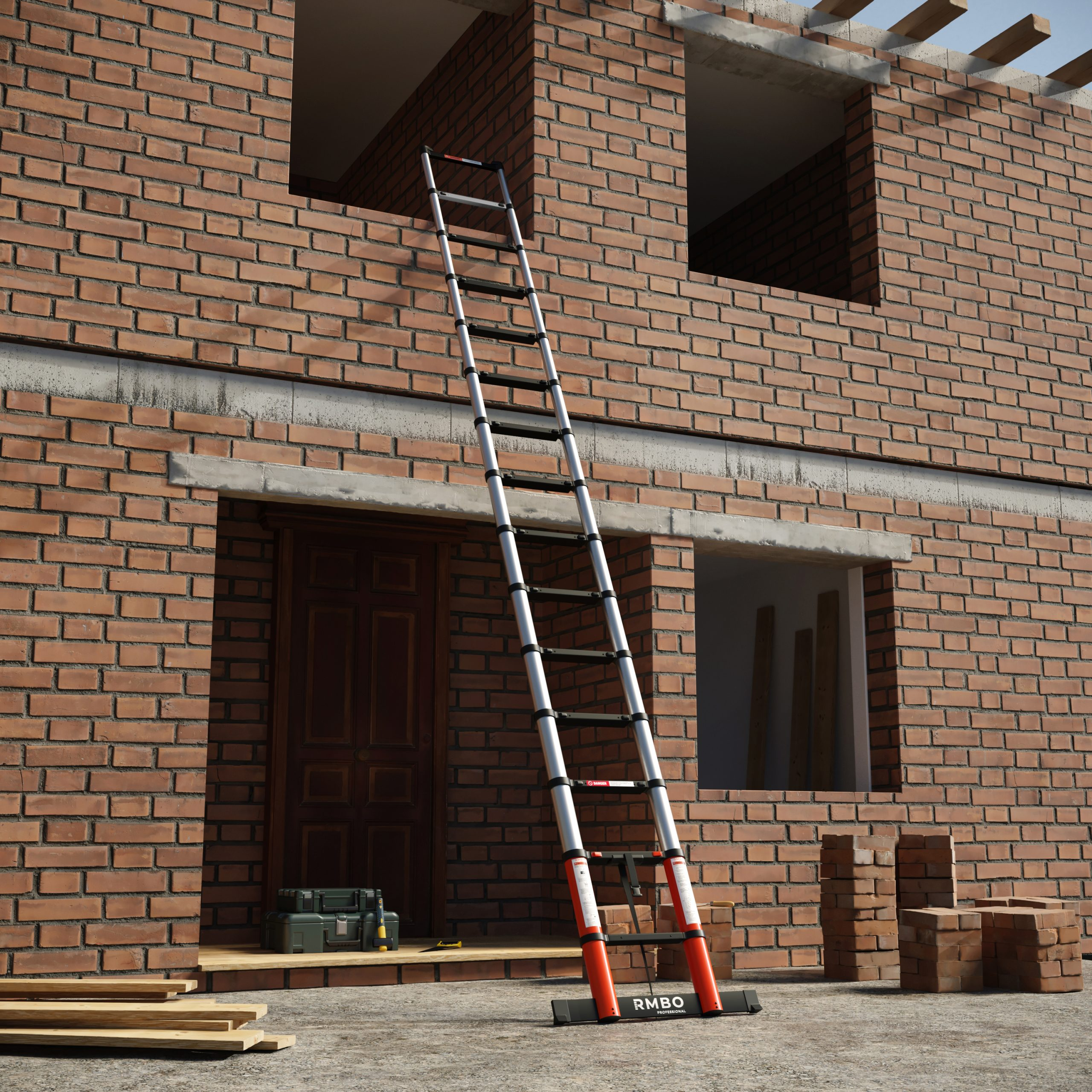 A ladder leans on a brick building under construction. Toolboxes, wood, and bricks are present.