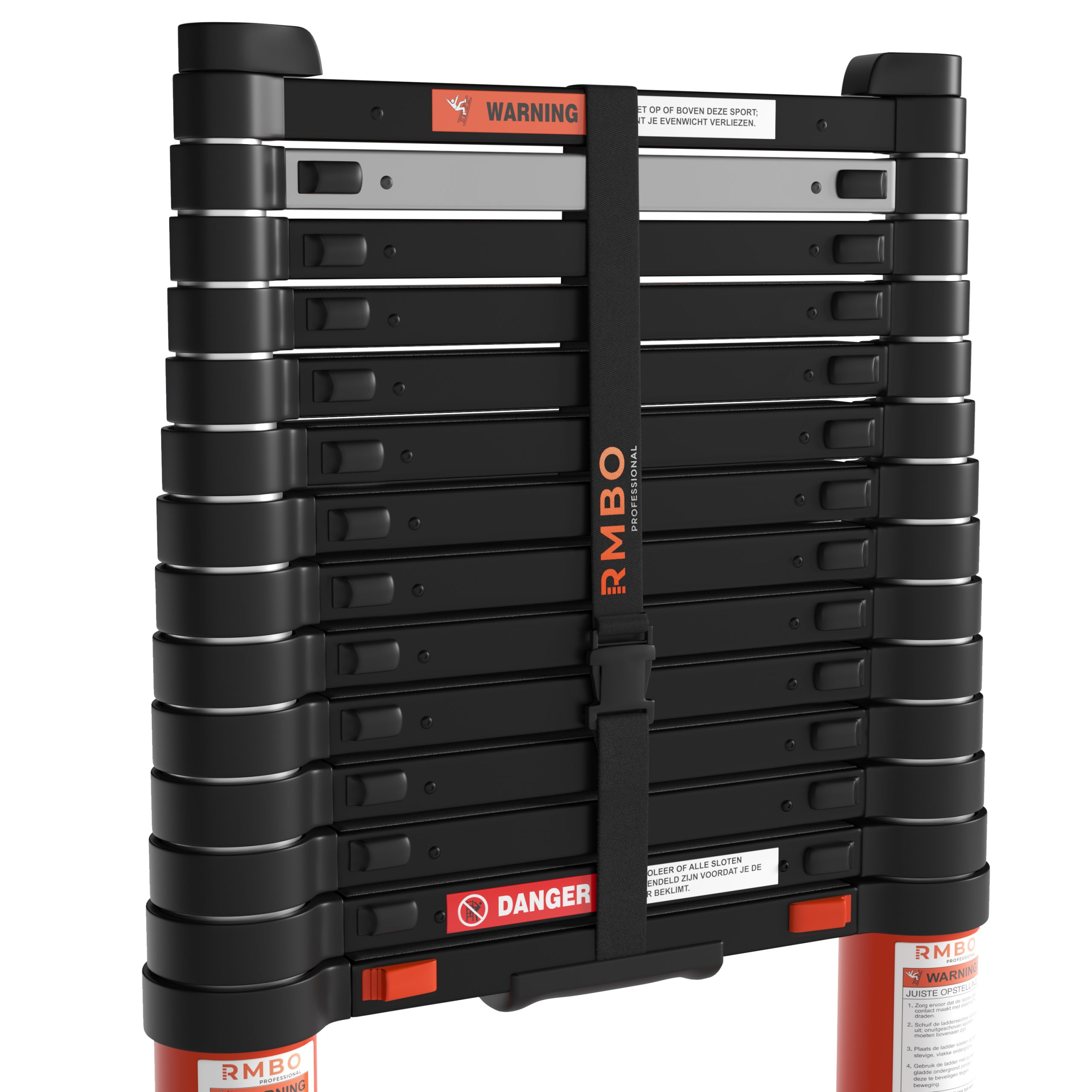 A black and silver folding ladder with warning labels and a securing strap. The ladder is red at the base.