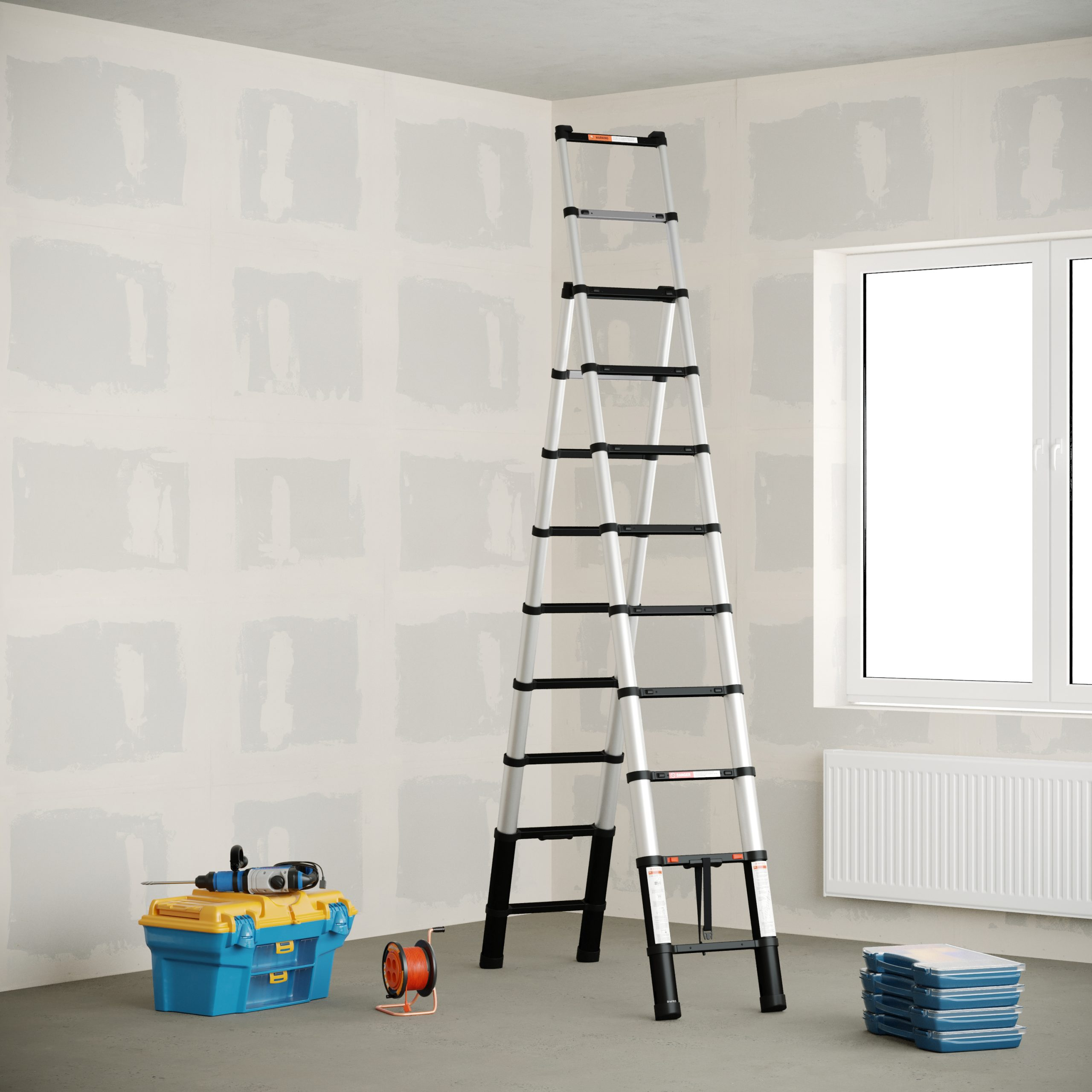 Room interior with a tall ladder, tools, and a window. The wall has patches of putty. A toolbox and cable reel are on the floor.