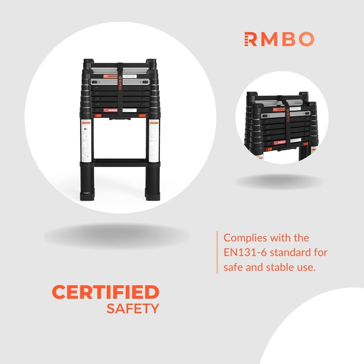 A black ladder on a white background with the RMBO logo. Text says 'Certified Safety' and 'Complies with the EN131-6 standard'.