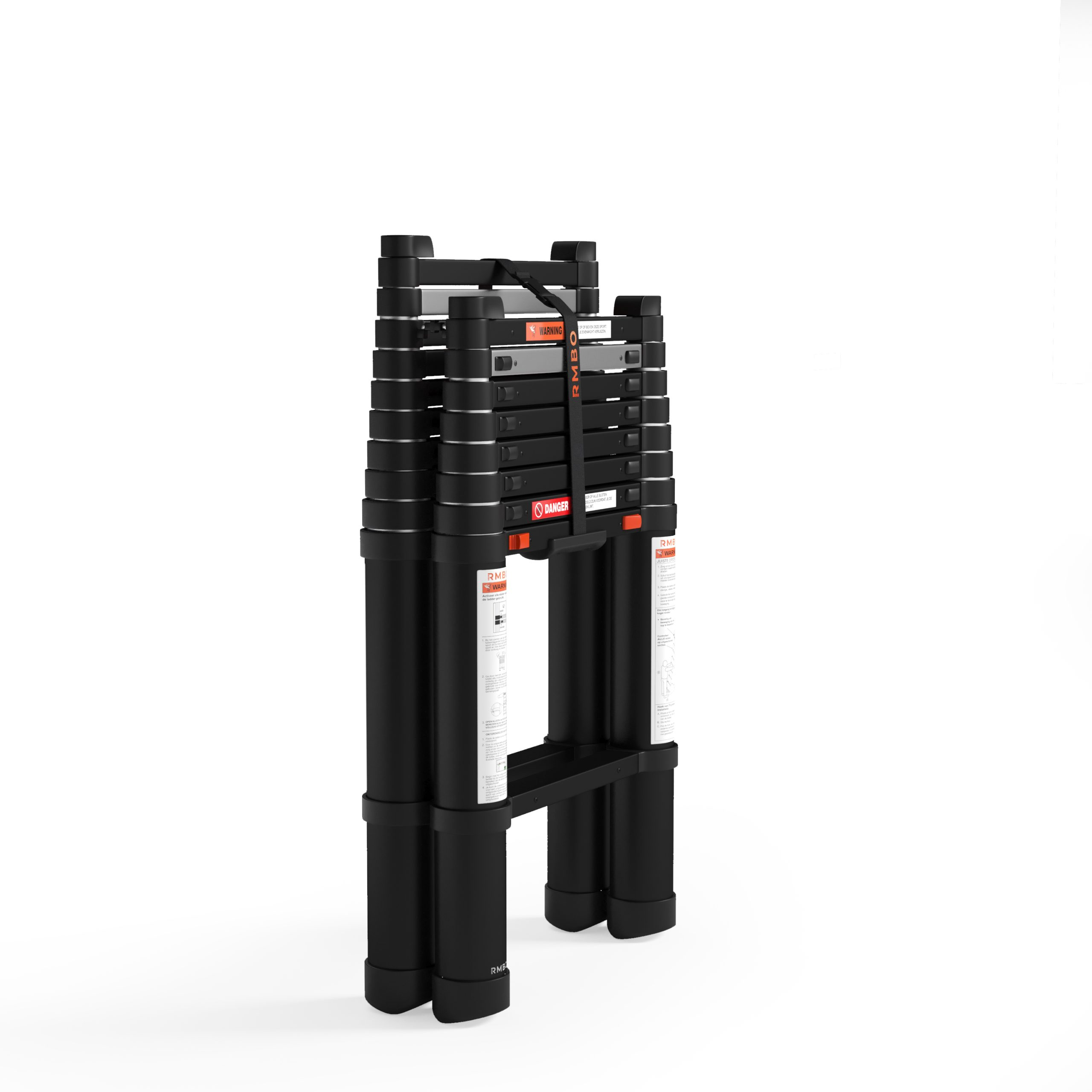 A black folding ladder is standing upright. It has warning labels and is against a white background.