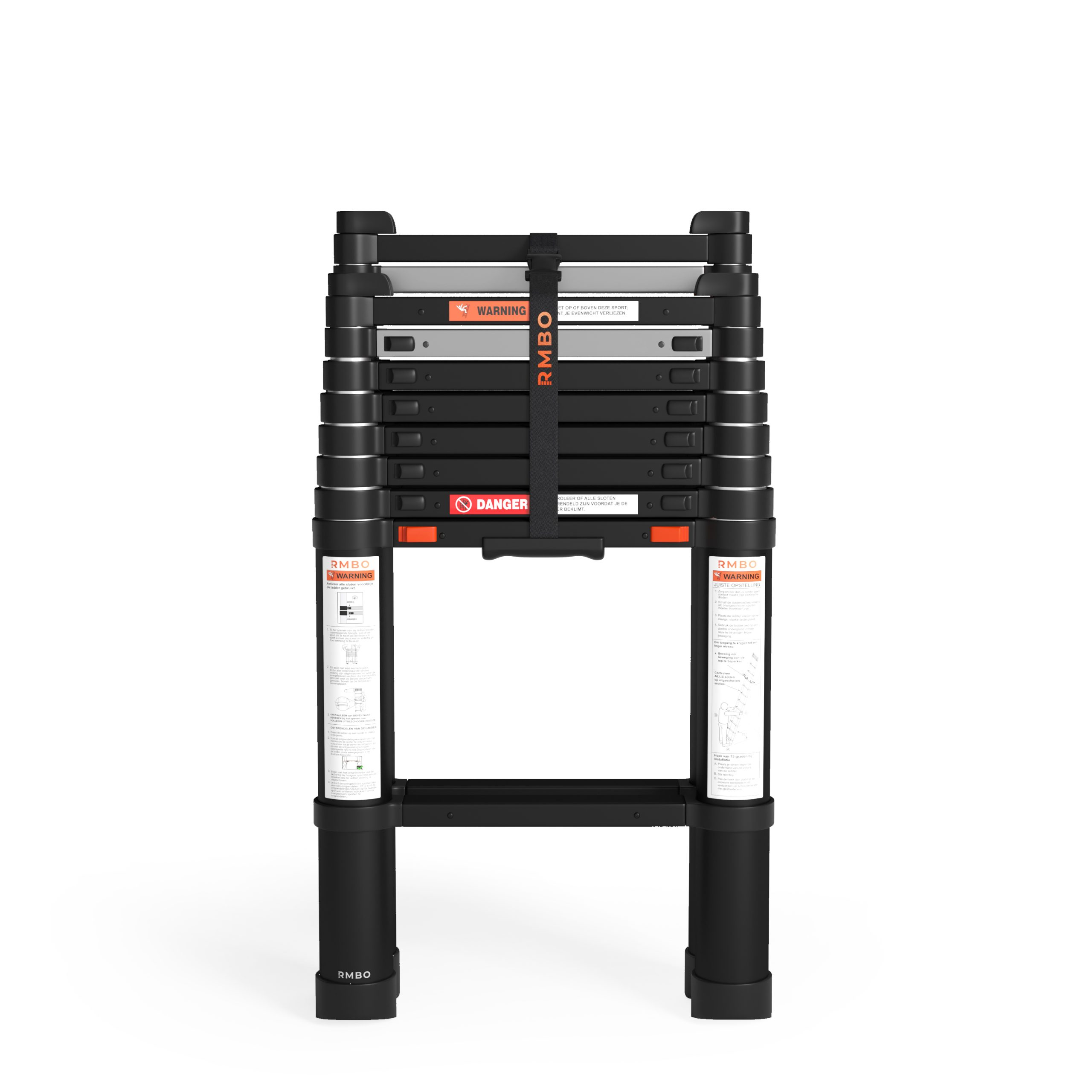 A black and silver telescopic ladder is shown against a white background. The ladder is labeled with warnings.