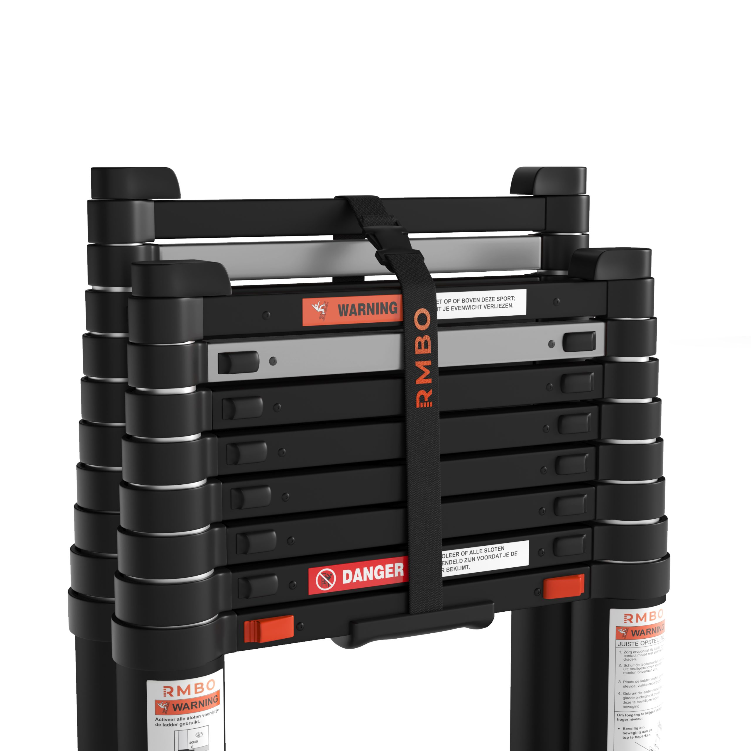 A black folding ladder with warning labels and a securing strap is displayed against a white background.