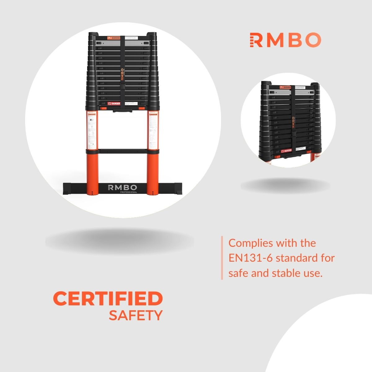 Une échelle rétractable noire et orange est affichée, avec une version plus petite à droite. Le texte indique 'RMBO' et 'Certified Safety'.