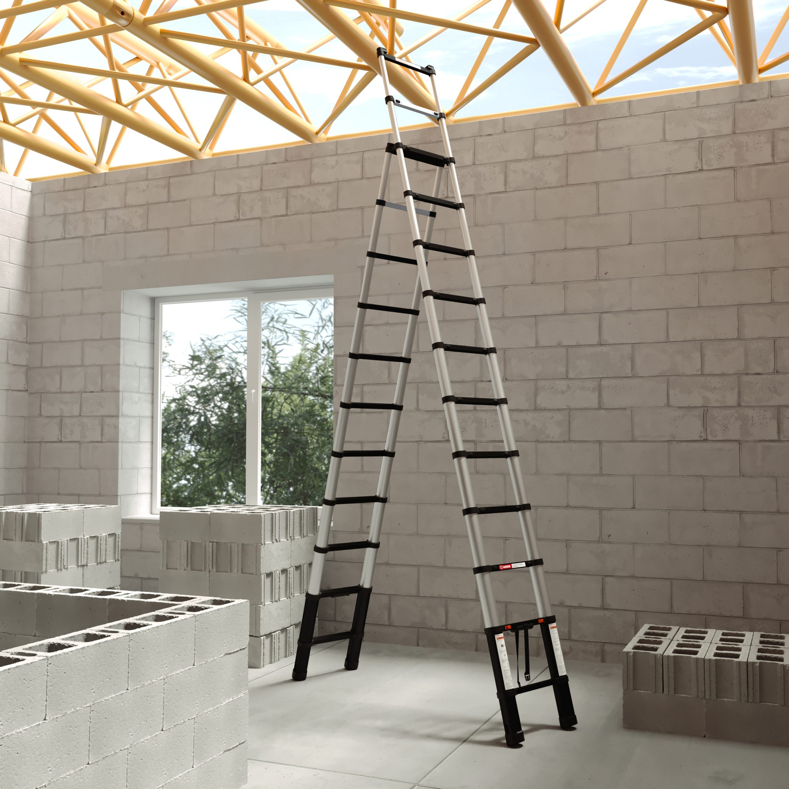 An open ladder stands in a room with concrete block walls, wooden beams, and a window.