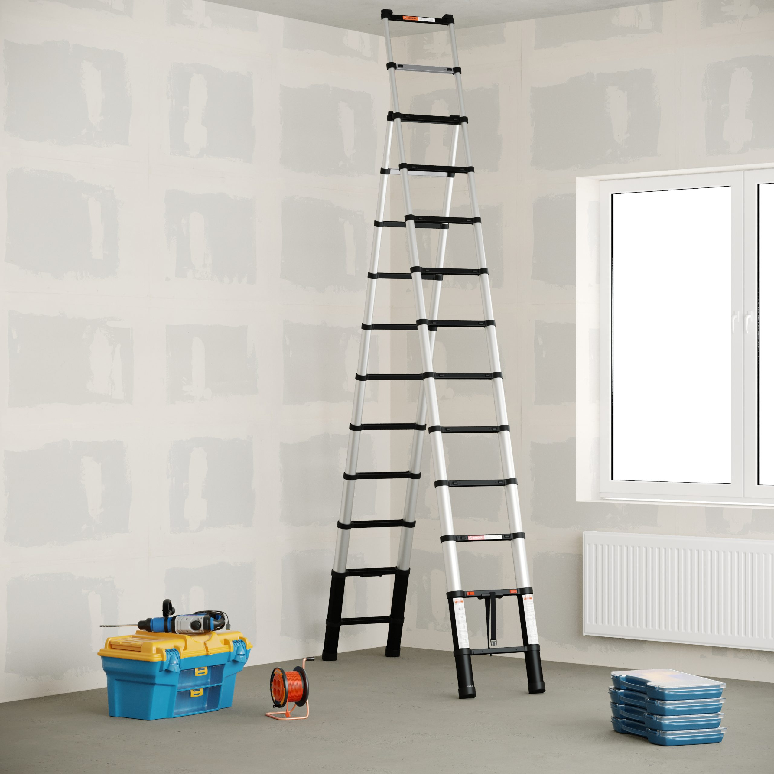 A tall ladder stands in a room. A toolbox, drill, and cable reel are on the floor. A window and stacked cases are also present.
