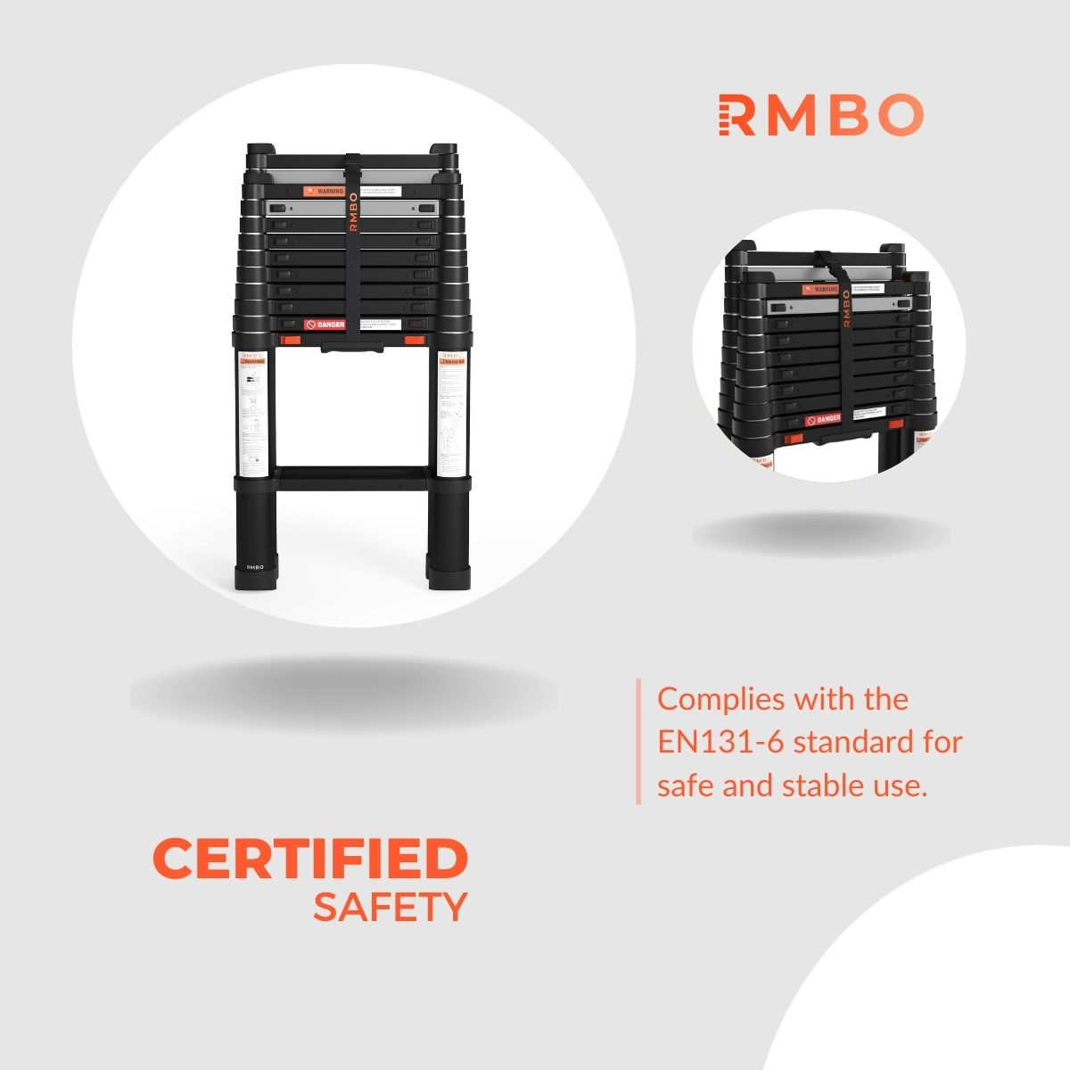 Black and silver folding ladder with orange accents, labeled 'DANGER' and 'WARNING', against a white background.