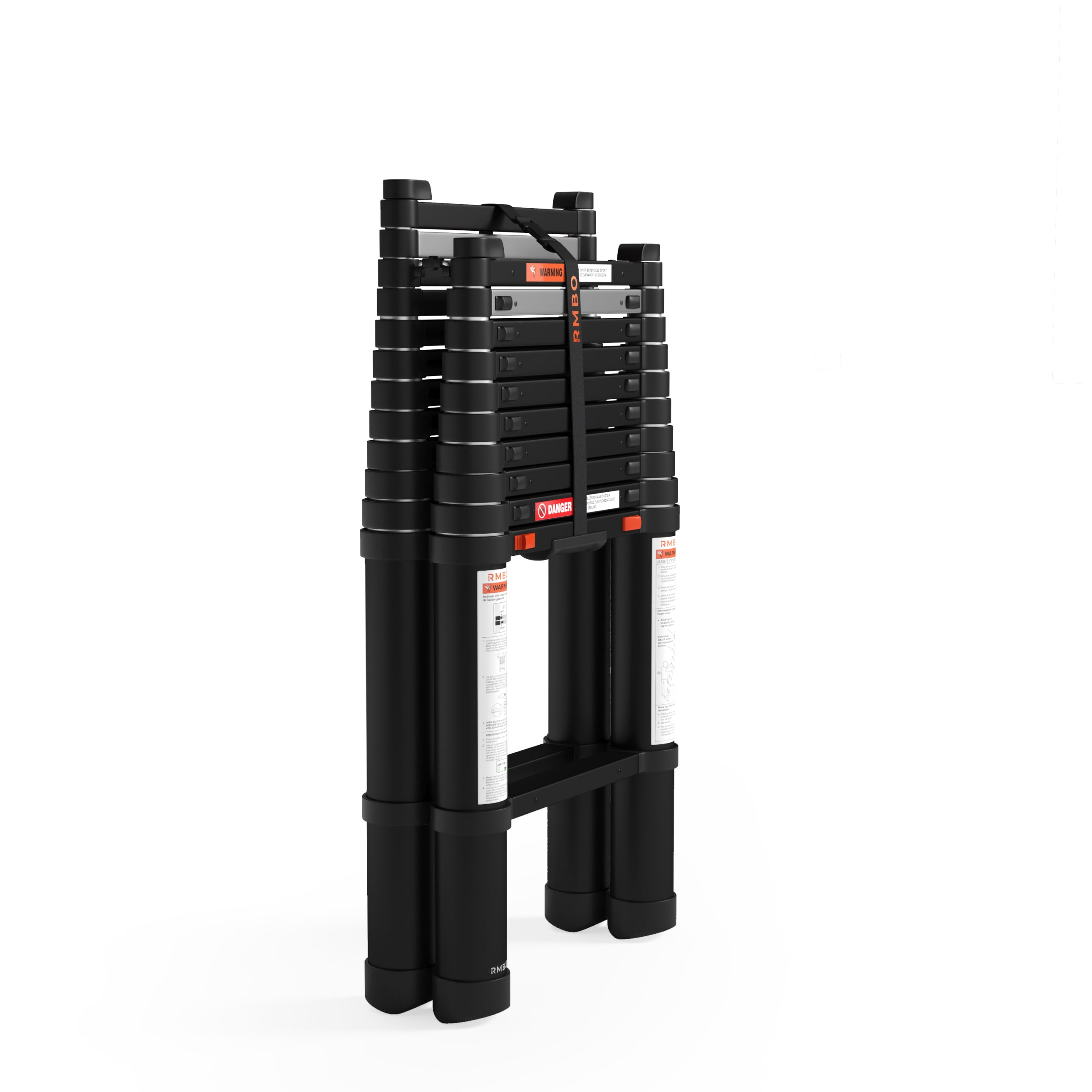 A black telescopic ladder is shown, extended and secured with a strap. Labels with warnings and danger are visible.