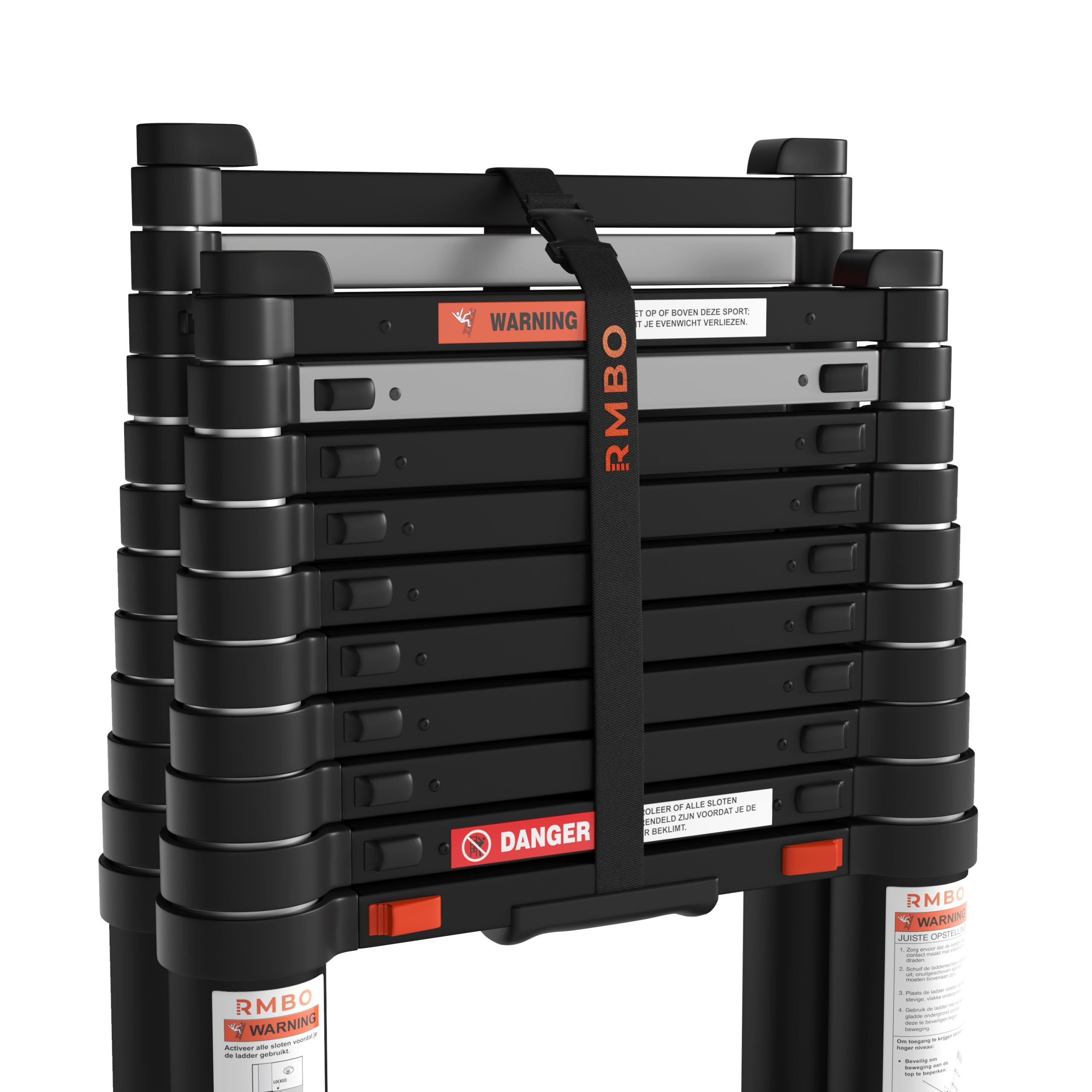 Black folding ladder with safety warnings. Ladder is strapped with a black strap. Labels read 'Warning' and 'Danger'.