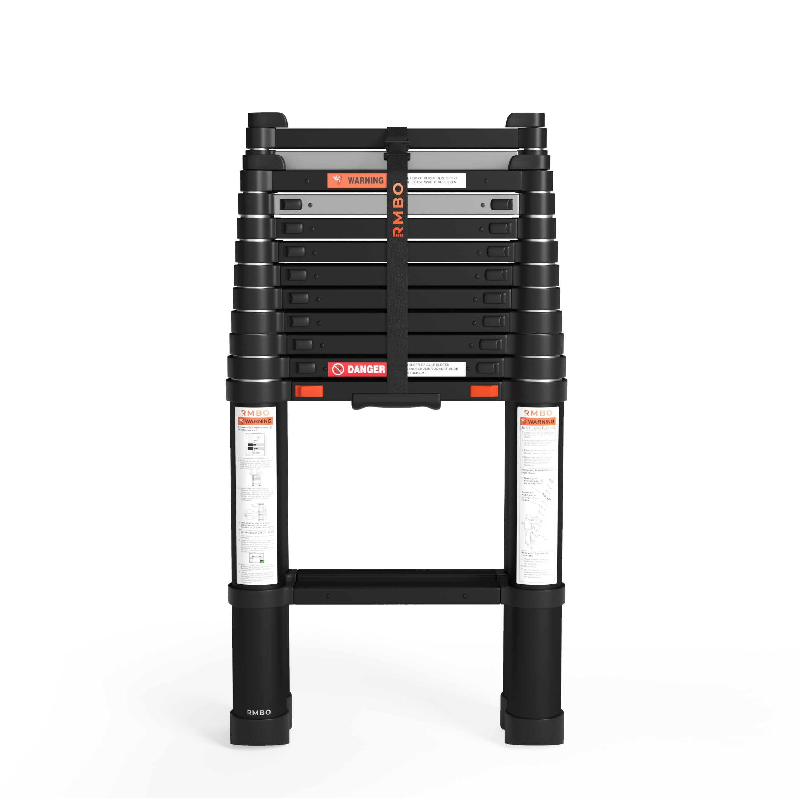 A black and silver telescoping ladder is on a white background. It has warning labels and the brand name RMBO.