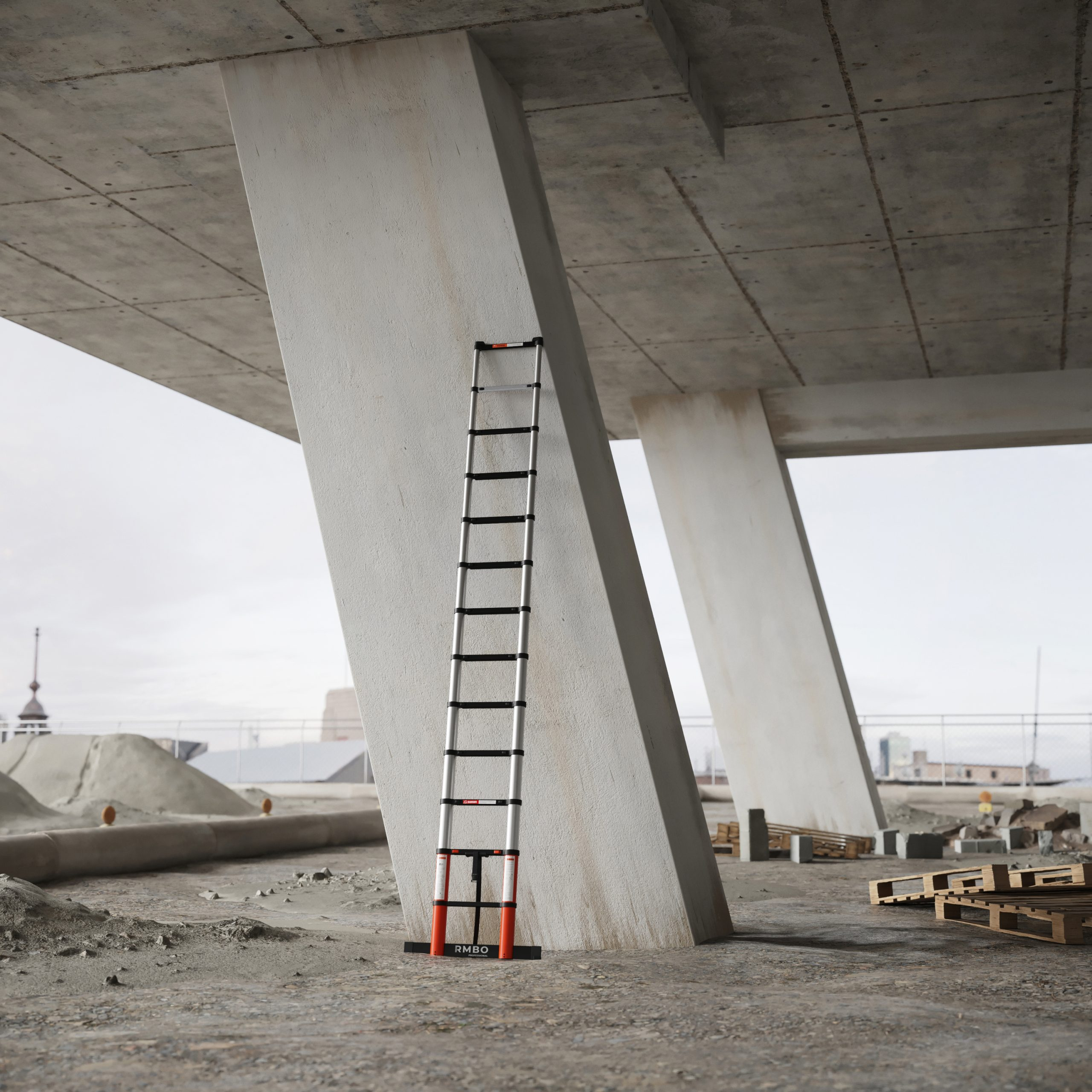 A ladder is leaning against a concrete pillar. The ladder is orange and silver. The background shows a construction site.